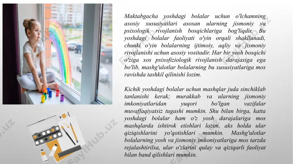 idan foydalanadilar. ular narsalarni “katta-kichik” yoki “uzun-qisqa” deb aniqlaydilar. og‘irlik: bolalar og‘irlikni o‘lchashda odatda narsalarni qo‘lga olib solishtiradilar va “og‘ir-yengil” degan tushunchalardan foydalanadilar. hajm: bolalar narsalarning hajmini ularning katta yoki kichikligini aniqlash orqali baholaydilar. suv yoki qum bilan o‘ynash orqali ular hajm tushunchasini o‘rganadilar. . 2. amaliy tajribalar: bolalar o‘zlari to‘plagan amaliy tajribalardan kelib chiqib narsalarning o‘lchamini tushunadilar. masalan, ular uzunlikni chizilgan chiziqlarni qiyoslash, turli kattalikdagi idishlarni to‘ldirish yoki og‘irlikni solishtirish orqali o‘rganadilar. o‘yinlar, masalan, konstruktorlar bilan o‘ynash yoki mozaika tuzish, ularga shakllar va o‘lchamlarni tushunishga yordam beradi. 3. matematik asoslar: o‘lcham haqida o‘rganish bolalarning matematik tushunchalarini rivojlantiradi. bu bosqichda bolalar "katta", "kichik", "uzun", "qisqa", "og‘ir", va "yengil" kabi tushunchalarni o‘rganadilar. o‘lchash bilan bog‘liq o‘yinlar va faoliyatlar bolalarga sonlarni tushunish va ularni kundalik hayotda qo‘llash imkonini beradi. bu xususiyatlar maktabgacha yoshdagi bolalarda o‘lchash tushunchasini rivojlantirishga yordam beradi va kelajakda matematikani chuqurroq o‘rganish uchun poydevor yaratadi. ilk va maktabgacha yoshdagi bolalar …