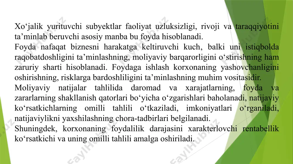 hisobot davrida o‘sish va ushbu o‘sish kapital egalarining kapitalga qo‘yilmalari bilan bog‘liq bo‘lmagan ko‘payishidir. daromad tushunchasi odatdagi faoliyatdan olinadigan daromad va boshqa daromadlarni o‘z ichiga oladi. odatdagi faoliyatdan olinadigan daromad tadbirkorlik subyektining odatdagi faoliyati doirasida hosil bo‘ladi va turlicha nomlanadi, shu jumladan sotishdan tushum, yig‘imlar, foizlar, dividendlar va royaltilar. daromadni hisobga olishdagi asosiy masala bo‘lib, ushbu daromad qachon tan olinishi kerakligini aniqlash hisoblanadi. daromad kelgusi iqtisodiy naf tadbirkorlik subyekti tomonidan olinishi ehtimoli mavjud bo‘lganida va ushbu naf ishonchli darajada baholanishi mumkin bo‘lganda tan olinadi. xarajat – aktivlarning chiqib ketishi yoki kamayishi yoxud majburiyatlarning ortishidir. foyda – daromad va xarajatlar o‘rtasidagi ijobiy farq. zarar – daromad va xarajatlar o‘rtasidagi salbiy farqdir xo‘jalik subyektlarining hisobot davridagi sof daromadi yoki zarari quyidagi elementlar asosida aniqlanadi: -xo‘jalik umumiy faoliyatidan olingan daromad yoki ko‘rilgan zarar; - favqulodda daromad (zarar); - daromad solig‘i to‘langunga qadar umumiy moliyaviy natija (foyda yoki zarar); - sof foyda. yalpi daromad …