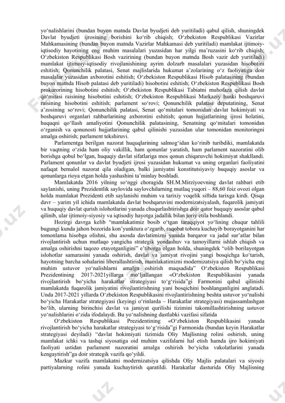 boj, valyuta va kredit, ma’muriy - hududiy tuzilish masalalarini qonun yo‘li bilan tartibga solish. o‘zbekiston respublikasi chegaralarini o‘zgartirish, vazirlar mahkamasi taqdimiga binoan respublika byudjetini qabul qilish va uning ijrosini nazorat etish, soliqlar va boshqa majburiy to‘lovlarni joriy qilish, o‘zbekiston respublikasi konstitutsiyaviy sudi, oliy sudi, oliy xo‘jalik sudini saylash, o‘zbekiston respublikasi prezidentining bosh vazir, uning birinchi o‘rinbosari va o‘rinbosarlarini, vazirlar mahkamasi a’zolarini, prokuror va uning o‘rinbosarlarini tayinlash va lavozimlaridan ozod etish to‘g‘risidagi farmonlarini tasdiqlash, prezident taqdimiga binoan markaziy bank boshqaruvi raisini tayinlash va lavozimidan ozod etish, prezidentning vazirliklar, davlat qo‘mitalari va boshqa davlat boshqaruv organlarini tuzish va tugatish, umumiy yoki qisman safarbarlik e’lon qilish, favqulodda holat joriy etish, uning muddatini uzaytirish va to‘xtatish to‘g‘risidagi farmonlarini tasdiqlash, xalqaro shartnomalarni va bitimlarni ratifikatsiya va denonsatsiya qilish, davlat mukofotlari va unvonlarini ta’sis etish, tumanlar, shaharlar, viloyatlarni tashkil etish, tugatish, nomini o‘zgartirish va ularning chegaralarini o‘zgartirish, konstitutsiyada nazarda tutilgan boshqa vakolatlarni amalga oshirish va boshqalar. …
