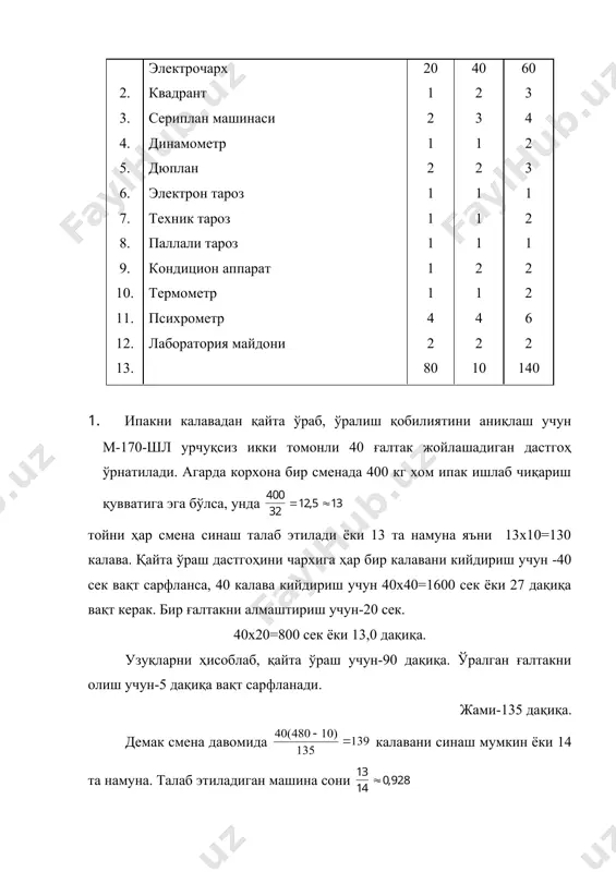 асофадаги нотекисликни аниқлаш учун сериплан машина ва хона керак бўлади. хом ипак намунаси сереплан машинада доскага ўраш учун -360 сек. панелдаги хом ипакни синаб баҳолаш учун-540 дақиқа. ёзув ишлари ҳужжатни расмийлаштириш учун -360 сек вақт кетади. жами-1260 сек ёки 21 дақиқа кетади. сменада давомида намунани синаш мумкин. 13 намуна учун бир сериплан дастгоҳи ва бир камерали сериплан хона етарли. 5. узилиш кучи ва узилишгача бўлган чўзилишини топиш учун ҳар бир намунадан 60 тадан ипни (0,5 м) рм-3 узиш машинасида узилади. смена давомида 60х13=780 ип узиши керак. лаборант бир сменада 250-300 та ипни узиши мумкин бўлса, рм-3 машинасидан керак бўлади. 6. ипни боғланувчанлигини аниқлашда козиметр туридаги дюплан асбобида олиб борилади. бунда ҳар бир намунадан 40 та ип текширилади. смена давомида бир ишчи 7-8 намунани синаши мумкин. талаб этиладиган асбоб сони 13:7(2 та. 7. ипакни ҳақиқий намлигини аниқлашда кондицион аппарат ишлатилади. аппарат 6 корзанали бўлиб, ҳар бир корзинада 1 сменада 2 та …