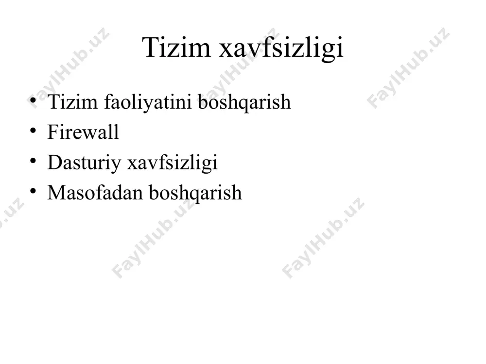 tilishi tizim havfsizligini buzishga olib keladi shuning uchun hamma foydalanuvchilarga yozish huquqi bo’lgan bo’limlarga nosuid atributini o’rnatish lozim. #cat /etc/fstab | grep tmp /dev/da0p4 /tmp ufs rw, noexec, noatime, nosuid 2 2 firewall firewall –(olovli devor ) ma’nosini anglatib tarmoqning havsizligini ta’minlash imkonini beradi. har qanday kiruvchi paketlar firewall orqali o’tadi shu sababli zararli fayllarni ushlab qoladi. linux firewall dasturlari linux operatsion tizimi yadrosida iptables/netfilter dasturini o’zi boshlang’ich firewall vazifasini o’taydi ushbu dasturni o’rnaish shart emas. bundan tashqari qo’shimcha dasturlar ham mavjud bo’lib ularni o’rnatish orqali tarmoq havsizligini oshirish mumkin. linux firewall dasturlari. ipcop firewall shorewall ufw – uncomplicated firewall smoothwall & smoothwall express… antivirus dasturlari linux operatsion tizimida antivirus dasturlari orasida eng keng foydalaniladigan antivirus dasturiga comodo antivirusi kiradi.umumiy ma’lumotlarni quyidagi saytdan olish mumkin https://www.comodo.com undan tashqari boshqa antivirus ishlab chiqaruvchi kompaniyalar ham linux uchun antivirus dasturlarini ishlab chiqarilmoqda. masofadan boshqarish linux operatsion tizimini masofadan boshqarish uchun ssh server …