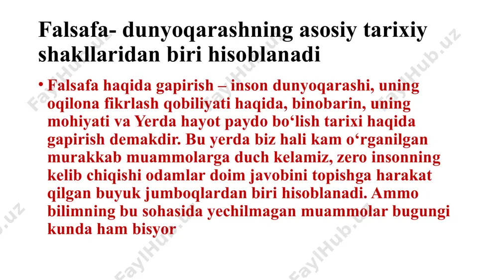 haqidagi ta’limot; aksiologiya - qadriyatlar haqidagi ta’limot; falsafiy antropologiya – inson haqidagi ta’limot va boshqalar. falsafa va fan. keng (yig‘ma) ma’nodagi fan – bu butun inson faoliyati sohasi bo‘lib, uning vazifasi borliq haqidagi obyektiv bilimlarni o‘rganish va ilmiy nazariy tizimga solishdan iboratdir. muayyan ilmiy fanlar, masalan, fizika, kimyo, biologiya, tarix, matematikani ifodalash uchun «fan» tushunchasiga torroq, binobarin, izchilroq ma’no yuklanadi. bu yerda fanga aniq ta’rif berilgan, olim esa tor mutaxassis, muayyan bilim ifodachisi hisoblanadi. u shunchaki olim emas, balki doim va albatta yo fizik, yo ximik, yo tarixchi, yo boshqa fan vakilidir. hozirgi dunyoda falsafaning ahamiyati bugungi kunda, tezliklar va yuksak texnologiyalar asrida falsafa kerakmi, u eskirgani yo‘qmi? uzluksiz axborot oqimi va surunkali vaqt tanqisligi sharoitida muayyan bilim falsafani siqib chiqarmaydimi? bunday savollar mutlaqo o‘rinlidir, lekin ularga javobni hayotning o‘zi beradi, u hozirgi zamon odami oldiga ko‘p sonli, shu jumladan ilgari hech qachon mavjud bo‘lmagan, butunlay yangi falsafiy muammolarni qo‘yadi. …