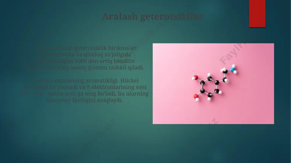 sidlarning tarkibida 7-a’zoli geterotsiklik aromatik tuzilmalar mavjud bo'lib, ular begona o'tlarning o'sishini 80% ga kamaytiradi. 7-a’zoli geterotsiklik aromatik birikmalar, xususan, benzoxazepinlar va benzodiazepinlar, asosan, 100 dan ortiq dorilarni ishlab chiqarishda, masalan, anksiolitik va tranqilizatordan foydalaniladi. tabiiy manbalari taxminan 50 ga yaqin tabiiy mahsulotlar, jumladan, antibiotiklar va antifungal birikmalar, o'z tarkibida 7-a'zoli geterotsiklik yadroga ega. ba'zi bakteriyalar va zamburug'lar 7-a'zoli azotli geterotsikllarni, jumladan, 20 ga yaqin turli xil siklohepta-triazenlarni biosintezlay oladi. biologik faolligi ba'zi 7-a'zoli geterotsiklik birikmalar 50-80% saraton hujayralarining o'sishini susaytiruvchi ta'sir ko'rsatadi, bu ularning onkologiyada potentsial qo'llanilishini ko'rsatadi. 7-a'zoli geterotsiklik aromatik birikmalarning 20% dan ortig'i turli xil biologik faollikka, jumladan, antibakterial, antifungal va antiviral xususiyatlarga ega. e'tiboringiz uchun rahmat @taqdimot_robot image6.jpg image7.jpg image8.jpg image9.jpg image10.jpg image11.jpg image12.jpg image13.jpg image14.jpg image15.jpg image16.jpg image17.jpg image18.jpg image19.jpg image20.jpg image21.jpg image22.jpg image2.png image3.png image4.png image5.png