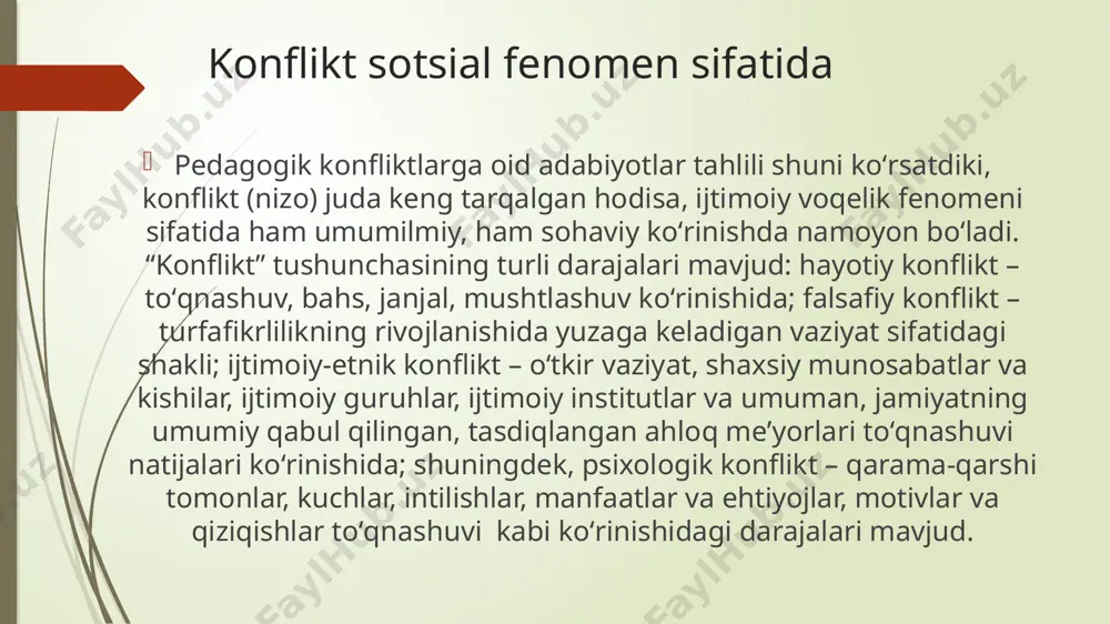 onstruktiv qarorga boʻlgan talablardir deb taʼrif berishimiz mumkin. pedagogik konflikt taʼlim jarayonida ishtirokchilarning kasbiy va shaxslararo oʻzaro taʼsiri natijasida yuzaga keladigan, subyektiv qarama-qarshiliklar namoyon boʻlishining bir shakli sifatida qaraladi. har qanday konflikt yuzaga kelishining sabablari – bu jamiyatda oʻzaro aloqada boʻlgan subyektlarning boshidan kechiradigan qarama-qarshiliklaridir. pedagogik va psixologik adabiyotlar tahliliga koʻra taʼlim muhitida bunday qarama-qarshiliklarning sabablari turlicha boʻlishi mumkin. pedagogik ziddiyat – bu qoida tariqasida obyektiv va subyektiv sabablarga koʻra yuzaga keladigan murakkab hodisa sanaladi m.m.ribakovaning tadqiqotlari boʻyicha pedagogik konfliktlarning sabablariga koʻra quyidagi tipologiyasini koʻrib chiqamiz: 1. obyektiv sabablarga koʻra kelib chiqadigan nizolar: oʻqituvchilarning ijtimoiy-iqtisodiy holati, pedagogik faoliyat shart-sharoitlariga koʻra kelib chiqadigan konfliktlar (muhit, etnik jihatlar). 2. taʼlim jarayoni ishtirokchilarining xatti-harakatlari bilan bogʻliqlikdagi konfliktlar. 3. taʼlim muassasasidagi shaxslararo munosabatlarning xususiyatlari (subyektiv sabablarga koʻra), va taʼlim jarayonining har bir ishtirokchisining psixologik xususiyatlari (yoshi, individual psixologik, ijtimoiy-psixologik) bilan bogʻliq konfliktlar. s.a.mustafayevaning “pedagogik ziddiyatlar: sabablari va ularni hal qilish yoʻllari” maqolasida “oʻqituvchi-talaba”ning shaxslararo …