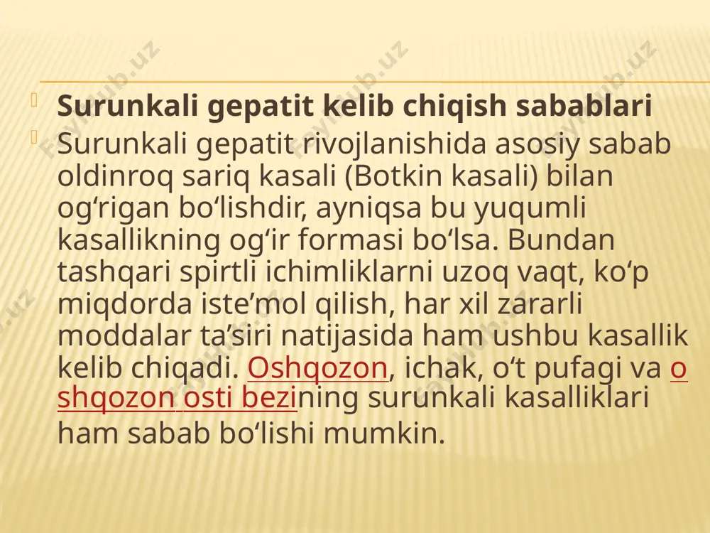 h ularga yengil ishlar bilan shug‘ullanish maslahat qilinadi. surunkali gepatitni avvalo uchala turini bir-biridan ajrata bilish zarur. undan keyin ularni jigar sirrozidan, surunkali xoletsistitdan va jigar rakidan farqlash zarur. e’tiboringiz uchun raxmat!!! image3.jpeg image4.jpeg image5.jpeg /docprops/thumbnail.jpeg
