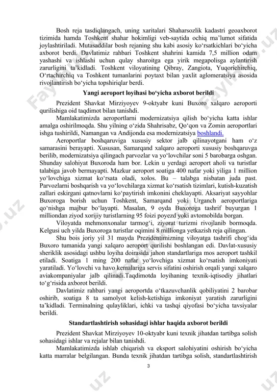 miz rahbari bu boradagi ilk ishlanmalar bilan 2022-yilda tanishgan edi. unda berilgan ko‘rsatma va tavsiyalar asosida loyiha takomillashtirildi. “toshkentboshplanliti” korxonasida singapur, buyuk britaniya, turkiya, germaniya, xitoy va niderlandiya kompaniyalari bilan hamkorlikda puxta ish olib borildi. loyihaga ko‘ra, toshkent shahri hududi 3 ta zonaga ajratiladi. konservatsiya zonasida madaniy meros binolari, tarixiy joylar, uylar va yashil hududlar o‘zgarishsiz qoladi. rekonstruksiya zonasida master-rejalar asosida qo‘shimcha qurilishlar qilish mumkin bo‘ladi. renovatsiya zonasida eskirgan uy-joy, binolar o‘rnida yangi qurilishlar va ta’mirlash amalga oshiriladi. bugungi kunda ekologiya va transport muammolari dolzarb bo‘lib bormoqda. xususan, oxirgi o‘n yilda toshkentdagi havo harorati o‘rtacha 1 daraja ko‘tarilgan. ba’zi kunlarda atmosferadagi ifloslantiruvchi moddalar me’yordan ortiq bo‘lmoqda. avtomashinalar ham kun sayin ko‘payib, yo‘l harakati qiyinlashib bormoqda. shu bois yangi bosh rejada bu masalalar inobatga olingan. jumladan, toshkent shahri va uning atrofidagi yashil hududlar 3 karra ko‘paytirilib, 25 ming gektarga yetkazilishi belgilanmoqda. bu orqali aholi jon boshiga to‘g‘ri keladigan yashil maydon hozirgi …
