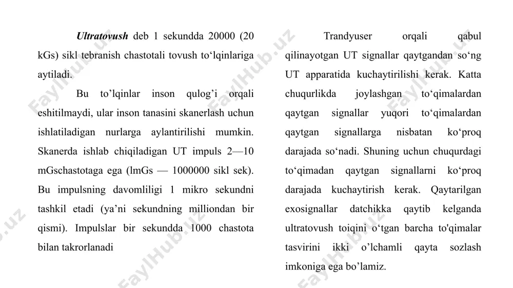 bemorning chap tomoni ekranning o‘ng tomonida bo'ladi. datchikda holat indikatori bo'lishiga qaramasdan tekshiruv boshlanishidan oldin datchikning muayyan tomoni olinayotgan tasvirning tomoniga mos kelishini ko'z bilan tekshirish kerak. buning uchun datchikning bir tomoniga barmoq uchini qo'yib, tasvir ekranning qaysi tomonida hosil bo’lganligiga ahamiyat berish kerak. noto'g'ri mo'ljal olishda datchik birinchi holatga aylantiriladi va yana tekshiruv o'tkaziladi. bo'ylama kesimlarda esa bemorning (tekshiriluvchining) bosh tomoni ekranning chap tomonida, oyog'i esa o'ng tomonidan aniqlanadi. ultratovush nurlarini taqsimlash. tana to‘qimalari ut to‘lqinlarini ikki usulda qaytaradi. ba’zi to‘qimalar to’lqinni xuddi oyna singari aynan orqaga qaytaradi. ba’zi to‘qimalar esa ut to‘lqinlarini tuman tomchilari singari tarqatib yuboradi (рассеивающий цветовой поток). masalan, diafragma oyna, texnika ta’biri bilan aytganda "oynali aks" hisoblanadi. monitor ekranida diafragma holati va shakliga aynan mos keluvchi aniq va yaqqol tasvir paydo bo’ladi. jigar esa ut to’lqinlarini tarqatib yuboradi, shuning uchun ekrandagi aks etgan signallar holati jigarda aks etgan tuzilmalarga mos kelmaydi. bu signallarning turli yo’nalishlarda …