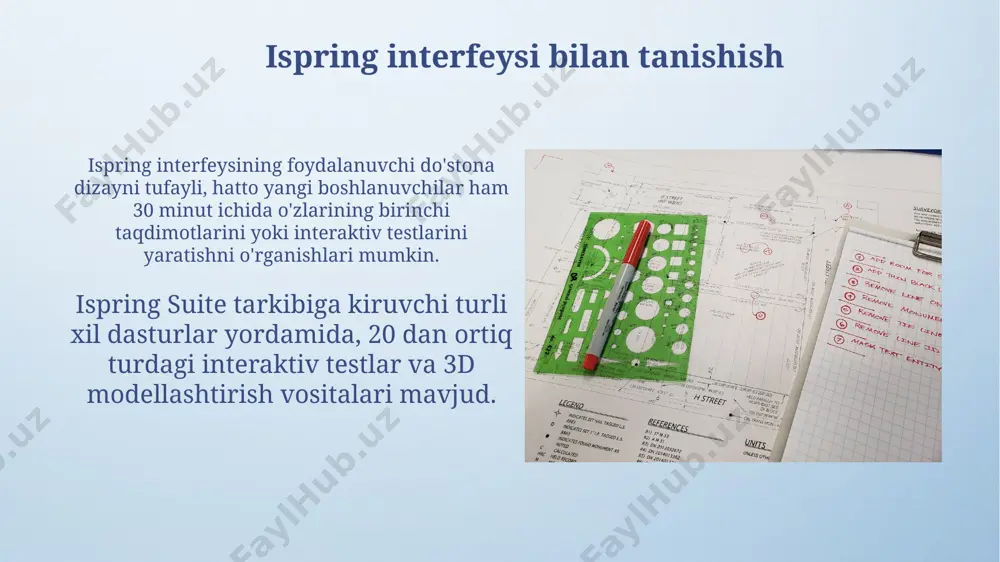 y qilib taqdimotni yanada boyitishingiz mumkin. ispringda 5 sekundgacha davom etadigan qisqa ovozli klip yoki musiqa qo'shishingiz mumkin, bu esa interaktivlikni oshiradi va foydalanuvchilarni jalb qiladi. 3d kitoblar uchun tarkibni tayyorlash 3d kitoblarning interaktiv elementlari, masalan, 5 dan ortiq "ishlash tugmasi" yoki boshqarish elementlarini qo'shish foydalanuvchi tajribasini yaxshilaydi va qiziqarli qiladi. 3d kitoblar uchun yuqori sifatli 360° panoramik rasmlarni yoki 2000 dan ortiq pikselli yuqori aniqlikdagi suratlarni ishlatish tavsiya etiladi, bu esa realistik ko'rinishni ta'minlaydi. ispring imkoniyatlarini kengaytirish ispring’dagi o'quv materiallariga 3d modellashtirish va interfaol testlar qo'shish orqali, ta’lim samaradorligini 20% ga oshirish mumkin. ispring platformasi 10 dan ortiq turdagi interaktiv testlarni yaratishga imkon berib, baholash jarayonini avtomatlashtiradi va natijalarni tahlil qilishni soddalashtiradi. e'tiboringiz uchun rahmat @taqdimot_robot image4.png image5.jpg image6.jpg image7.jpg image8.jpg image9.jpg image10.jpg image11.jpg image12.jpg image13.jpg image14.jpg image15.jpg image16.jpg image17.jpg image18.jpg image19.jpg image20.jpg image21.jpg image3.jpeg
