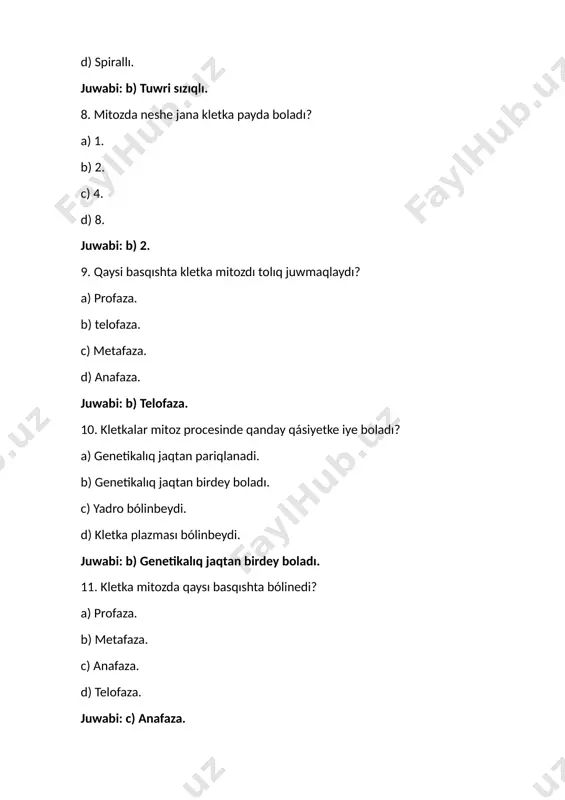 omosomaga iye boladı (yagniy xromosomalar sanı yarımına kemeyedi). 3 - másele. bir kletka hár 24 saatta mitoz procesinen ótedi. eger dáslep 1 kletka bolsa, 3 kúnniń aqırında jámi qansha kletka payda boladı? sheshiliwi: hár bir mitoz bóliniwinde kletka sanı eki esege artadı. 3 kún dawamında 3 ret bóliniw júz beredi. solay etip, kletkalar sanı tómendegishe ózgeredi: 1. bóliniwden keyin: 1 × 2 = 2 kletka. 2. bóliniwden keyin: 2 × 2 = 4 kletka. 3. bóliniwden keyin: 4 × 2 = 8 kletka. juwabi: 8 kletka. 4 - másele. bir kletka mitoz procesinde bolip, 2 jana kletka payda etedi. dáslepki kletkada 48 xromosoma bar. bóliniwden soń jaña kletkalarda jámi neshe xromosoma boladı? sheshiliwi: mitoz procesinde xromosomalar sanı ózgermeydi. eger dáslepki kletkada 48 xromosoma bolsa, bóliniwden soń hárbir jana kletka 48 xromosomaga iye boladı. solay etip, eki jana kletka jámi 96 xromosomaģa iye boladı (48 × 2). 5 - másele. bir …
