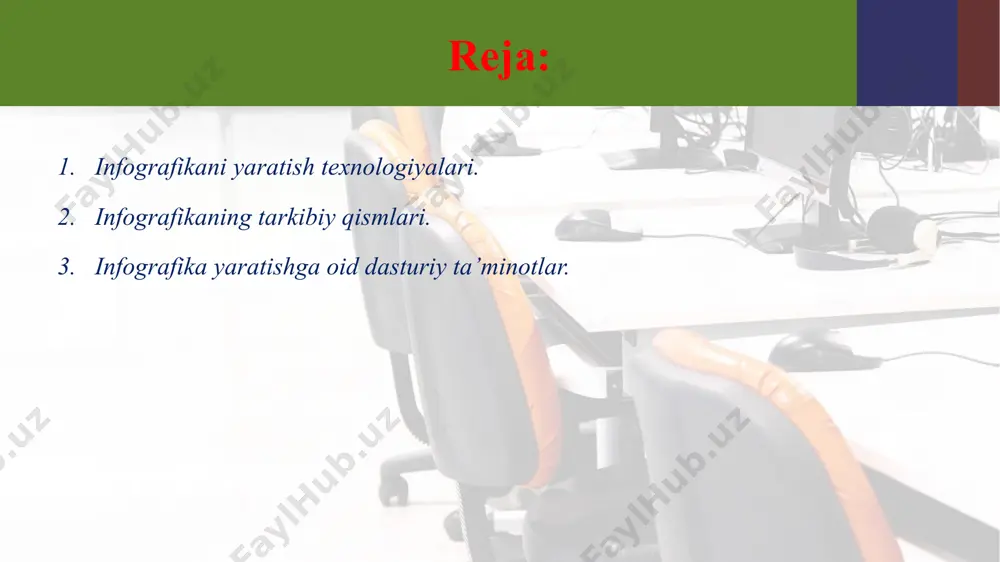arida infografikani ta’lim jarayonidagi o’rniga quyidagi mulohazalarni keltirib o’tishgan “infografika ma'lumotlar vizualizatsiyasi, illyustratsiyalar, tasvirlar va matnlarni birlashtirgan grafik dizayn sifatida ifodalashdir. bundan tashqari ma'lumotlar yoki bilimlarning vizual tasviriga ishora qiladi. bu bir qarashda tushunarli bo'lishi kerak bo'lgan vizual formatda ma'lumotlarni uzatuvchi axborot grafikasi. shunday qilib, infografika - bu nominal matnga ega bo'lgan rasmlar, tasvirlar, diagrammalar yoki diagrammalar to'plamidir” . waralak vongdoiwang siricharoenning “infographic role in helping communication for promoting health and well-being” nomli maqolasida komponentalarni quyidagi uchta tur bo’yicha tavsiflagan: 1) vizual elementlar (rang, grafik, piktogramma, xaritalar, belgilar va boshqalarni nazarda tutadi) 2) tarkib elementlari (faktlar, ma'lumotnomalar, statistik ma'lumotlar, matnlar va boshqalarni nazarda tutadi) 3) bilim elementlari (xulosalar, xabarlar va boshqalarni nazarda tutadi). infografika ma'lumotlarni taqdim etish va vizual aloqa uchun samarali vosita sifatida o'qituvchilar orasida mashhurlik kasb etmoqda va ko’plab mualliflar tadqiqotlar olib bormoqda. infografika istiqbolli, ma'lumotlarni taqdim etish uchun keng imkoniyatli va samarali vosita sifatida talim jarayonida foydalanish …