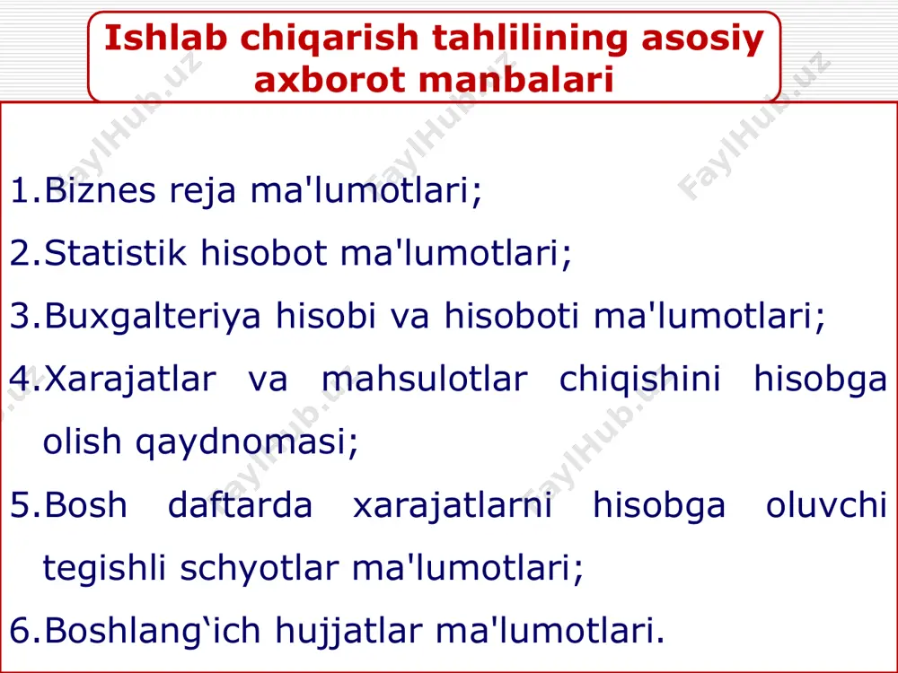 satish; b) transport xizmatini ko‘rsatish; v) asosiy vositalarni ta'mirlash; g) asboblar, to‘rtburchak muhrlar, ehtiyot qismlar, qurilish detallari va konstruksiyalarini tayyorlash yoki qurilish materillarini boyitish (asosan qurilish korxonalarida); d) tosh, shag‘al, qum va boshqa ruda bo‘lmagan materiallarni qazib olish; ye) yog‘och materiallarini tayyorlash va taxta qilish; j) qishloq xo‘jalik mahsulotlarini tuzlash, quritish va konserva qilish (asosan, savdo korxonalarida). * "umumishlab chiqarish xarajatlari" mashina va uskunalarni saqlash va ulardan foydalanish bo‘yicha xarajatlar ishlab chiqarishga taalluqli bo‘lgan asosiy vositalar va nomoddiy aktivlarning amortizasiya ajratmalari ishlab chiqarishga taalluqli bo‘lgan asosiy vositalarni ta'mirlash xarajatlari ishlab chiqarishdagi mol-mulkning sug‘urta xarajatlari ishlab chiqarish binolarini isitish, yoritish va saqlash xarajatlari ijaraga olingan vositalar uchun ijara to‘lovlari ishlab chiqarishga xizmat ko‘rsatishda band bo‘lgan ishlab chiqarish xodimlarining mehnat haqi * o‘zgaruvchan va o‘zgarmas xarajatlar tahlili xalqaro amaliyotda ishlab chiqarish xarajatlari ikkita toifaga bo‘linadi. ya’ni, o‘zgaruvchan va o‘zgarmas xarajatlar. o‘zgaruvchan xarajatlar mahsulot ishlab chiqarish hajmiga mos ravishda o‘zgarib boradi. o‘zgarmas xarajatlar …