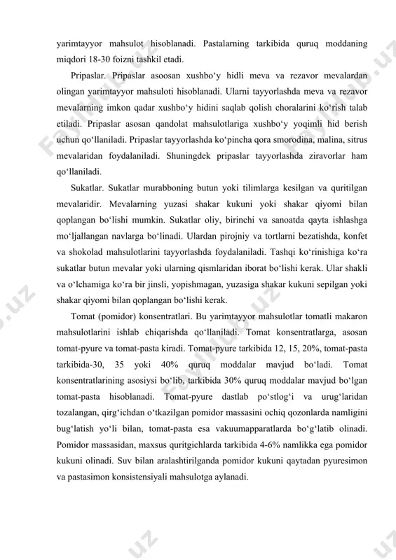 i va yordamchi xomashyolar oziqaviy organik kislotalar. ko‘pgina qandolat mahsulotlariga meva va rezavorlarga xos bo‘lgan nordon ta’m berish uchun oziqaviy organik kislotalar keng qo‘llaniladi. oziqaviy organik kislotalarga limon, vino, olma, sut, sirka kislotasi misol bo‘ladi. bular orasidan limon, sut va sirka kislotalari ko‘proq ishlatiladi. limon kislotasi. oziqaviy limon kislotasi tarkibida qand mavjud bo‘lgan muhitlarni aspergillus niger zamburug‘lari bilan fermentlashtirish jarayonida olinadi. bunday muhit sifatida shakar ishlab chiqarish sanoatining chiqindisi-melassadan foydalaniladi. lavlagi melassasi tarkibida 80% atrofida quruq moddalar, shu jumladan, 46-51% saxaroza, 0,8-2,7% azotli va 8,5% mineral moddalar mavjud. sut kislotasi qandolat mahsulotlari, meva sharbatlari ishlab chiqa-rishda va novvoylik sanoatida qo‘llaniladi. oziqaviy sut kislotasi tarkibida uglevod mavjud bo‘lgan xomashyolarni delbryuk gomofermentativ sut kislotasi bakteriyalari (laktobacillus delbruyeckiy) yordamida bijg‘itish yo‘li bilan olinadi va suvli eritmadan iborat bo‘ladi. sirka kislotasi oziq-ovqat sanoatida, shu jumladan, novvoylikda qo‘llaniladi. u o‘tkir hidga ega, rangsiz suyuq modda. suvsiz sirka kislotasi kristall modda bo‘lib, muzga o‘xshaydi. shuning uchun …