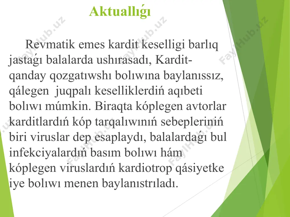 shrasıw kórsetkishleri júdá anıq emes, diagnostikasındaǵı qıyınshılıqlar menen, kórinerli diagnostikalıq kriteriyalardıń bolmawı hám klinik kartinalardıń veriabelligi menen baylanıstırıladı. gospitalizaciyalanǵan balalardıń 0,5 % de revmatir emes karditler anıqlanǵan. ólgen balalar autopsiya islengende 2,3-8 % jaǵdaylarda karditler anıqlanǵan. viruslı infekciyalar menen kesellengenler arasında kardittiń ushrasıwı 10-15 % ke joqarılawı múmkin. etiologiyası i. viruslı miokarditler: 1-orında koksaki a hám v virusı. koksaki a virusı ótkir jaqsı keshiwshi unamlı juwmaqlanadı, al koksaki v virusı вирусы коксаки а (1,6 hám 3,4 serotipları) unamsıs nátiyjeli xronik keshiwlerdi shaqıradı. postgrippozlı miokarditlar aytarlıqtay kóbirek kelip shıǵadı, kem hallarda adenoviruslı hám citomegaloviruslı infekciyalar, qızılsha virusı, gepatit virusı, suw sheshek, gerpes, rs-virus hám t.b. koksaki virusı menen shaqırılǵan miokarditler kóbinese mektepke shekemgi hám mektep jasındaǵı balalarda ushrasadı. ádette koksaki virusı júrekti jazda, gripp virusı – gúz, báhárde zárerleydi. etiologiyası ii. bakteriyalı miokarditler: stafilokokk, difteriya, mikoplazma, meningokokk, klostridiya, streptokokk. iii. zamarrıqlı miokarditler. iv. sistemalı kesellikler: sistemalı qızıl júgirdek, kavasaki keselligi, jaralı …