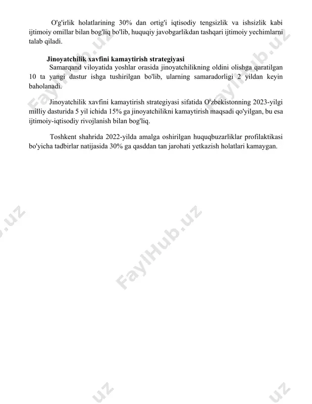 bog'liq, bu esa huquqiy madaniyatni oshirishga ehtiyoj borligini ko'rsatadi. jinoyatchilik xavfi yuqori bo'lgan 5 ta hududda (masalan, toshkent, samarqand) ijtimoiy dasturlarni amalga oshirish orqali 20% gacha jinoyatchilikning kamayishi kuzatilgan. o'g'irlik holatlarining 30% dan ortig'i iqtisodiy tengsizlik va ishsizlik kabi ijtimoiy omillar bilan bog'liq bo'lib, huquqiy javobgarlikdan tashqari ijtimoiy yechimlarni talab qiladi. jinoyatchilik xavfini kamaytirish strategiyasi samarqand viloyatida yoshlar orasida jinoyatchilikning oldini olishga qaratilgan 10 ta yangi dastur ishga tushirilgan bo'lib, ularning samaradorligi 2 yildan keyin baholanadi. jinoyatchilik xavfini kamaytirish strategiyasi sifatida o'zbekistonning 2023-yilgi milliy dasturida 5 yil ichida 15% ga jinoyatchilikni kamaytirish maqsadi qo'yilgan, bu esa ijtimoiy-iqtisodiy rivojlanish bilan bog'liq. toshkent shahrida 2022-yilda amalga oshirilgan huquqbuzarliklar profilaktikasi bo'yicha tadbirlar natijasida 30% ga qasddan tan jarohati yetkazish holatlari kamaygan. 📌xulosa жиноятчилик хавфи шахснинг жиноят содир этиши эҳтимолини билдиради. унинг аҳамияти жиноятчиликни олдини олиш ва унинг сабабларини аниқлашда жуда муҳимдир. бу эса самарали жазо чораларини ишлаб чиқишга ёрдам беради. 📚foydalanilgan adabiyotlar 1. …