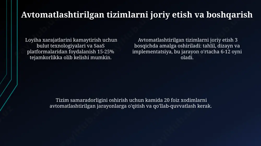 ts) kabi blockchain texnologiyalari huquqiy jarayonlarni avtomatlashtirishda samaradorlikni 30% ga oshirishi mumkin. huquqiy texnologiyalar bozorining 2025-yilga kelib 10 milliard dollarga yetishi kutilmoqda, bu esa sun'iy intellekt va mashinani o'rgatish texnologiyalarining keng qo'llanilishini ko'rsatadi. katta ma'lumotlar tahlili va prediktiv analitika yordamida huquqiy xatarlarni aniqlash va oldini olish imkoniyati 15% ga yaxshilanadi. huquqiy texnologiyalar va ularning qo'llanilishi huquqiy texnologiyalar, jumladan, sunʼiy intellekt yordamida shartnomalarni tahlil qilish vaqtini 70% gacha qisqartirishi mumkin, bu esa yuristlarning samaradorligini sezilarli darajada oshiradi. elektron huquqiy axborot tizimlari orqali 100 000 dan ortiq qonun hujjatlariga onlayn kirish imkoniyati mavjud boʻlib, bu huquqiy tadqiqotlarni tezlashtiradi va xarajatlarni kamaytiradi. sud jarayonlarini avtomatlashtirish orqali, masalan, daʼvolarni roʻyxatga olish va sud majlislarini tayyorlashni optimallashtirish orqali, ish yuritish samaradorligi 30-40% ga oshadi. e'tiboringiz uchun rahmat @taqdimot_robot