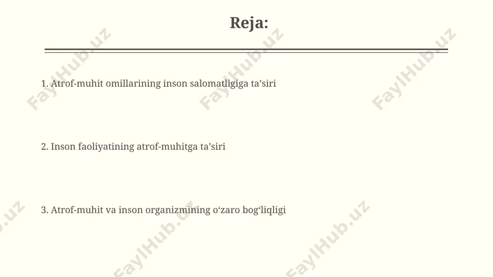 di. davolash va atrof-muhitning roli tabiatda mavjud boʻlgan 20000 dan ortiq oʻsimlik turlarining 25% dan ortigʻi dorivor xususiyatlarga ega boʻlib, ular inson sogʻligʻini yaxshilashda muhim rol oʻynaydi va tabiiy davolash usullarida qoʻllaniladi. inson organizmining immunitet tizimi atrof-muhitdagi zararli moddalarga, masalan, ogʻir metallarga yoki pestitsidlarga taʼsirga 30% gacha sezgir boʻlishi mumkin, bu esa allergiya va otoimmun kasalliklar xavfini oshiradi. shovqin ifloslanishi va uning salbiy ta'siri 85 desibel va undan yuqori shovqin darajasi eshitish qobiliyatining pasayishi, tinnitus va hatto karlikka olib kelishi mumkin. shovqin ifloslanishi stress gormonlari darajasini oshirib, uyqusizlik, asabiylashish va depressiya kabi salbiy psixologik ta'sirlarga olib keladi. genetik o'zgarishlar va atrof-muhit sigareta tutunida mavjud bo'lgan 70 dan ortiq kanserogen moddalar dnkning o'zgarishiga olib keladi, bu esa o'pka saratoni va boshqa kasalliklarning rivojlanishiga sabab bo'ladi. atrof-muhit omillari, masalan, ultrabinafsha nurlanishining ta'siri natijasida dnkda 1000 dan ortiq mutatsiyalar yuz berishi mumkin, bu esa turli kasalliklar xavfini oshiradi. radiatsiya ta'siri va onkologik kasalliklar …