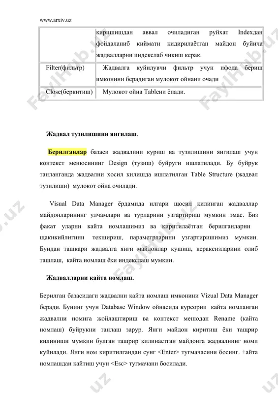 ади. 16.8 расмда курсатилган copy strukture мулокот ойна очилади. tables майдониберилганлар базасидаги жадваллар руйхатини уз ичига олади. бу руйхатдан нусхаси олинаётган жадвални номини танланг. target database майдонида жадвал кучирилаётган берилганлар базасининг номи курсатилиши зарур. индалмаса бу майдон курилаётган берилганлар базаси номини уз ичига олади. copy indexes ва copy data байроклари ёрдамида жадваллар индексларини таркиби билан ва улар ичидаги берилганларни нусхасини олиш тугрисида курсатма бериш мумкин. параметрларни урнатиш тугагандан сунг , нусхалаштиришни бажариш учун ок тугмачасини босилади. берилганлар базалари серверлари орасида богланиш хосил килиш. visual basicда иш учун серверда жойлашган берилганлар базаларидан фойдаланиш мумкин. бундай берилганлар базалари билан ишлашдан аввал улар билан богланиш хосил килиш зарур. богланишни хосил килиш учун куйидаги амалларни бажарилади: 1.data enviroment ойнани очилади. бунинг учун projekt (проект ёки лойища) менюсида add data enviroment (атроф мущит) буйругини танланади. 2. янги богланишни кушиш учун data enviroment ойнасининг асбоблар панелида add connection (богланишни кушиш) тугмачасини босилади. ойна индалмаганда connection 1 …