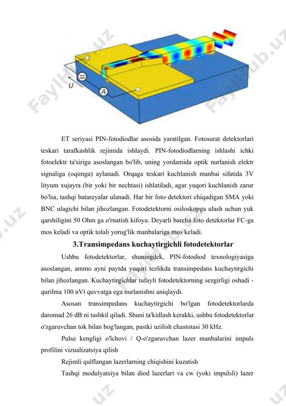 ektral sezgirlik: fotodetektorning spektral sezgirligi to'lqin uzunligining funktsiyasi sifatida ko'rsatilgan. rise time: fotodetektorning chiqish darajasi eng yuqori qiymatdan 10% dan 90% gacha ko'tarilishi uchun zarur bo'lgan vaqt. kuz vaqti: fotodetektorning chiqish darajasi eng yuqori qiymatdan 90% dan 10% gacha tushishi uchun zarur bo'lgan vaqt. chastotaga javob: fotodetektorning chastota reaktsiyasi ko'pincha sezgirlik funktsiyasi sifatida tavsiflanadi, radiatsiya oqimining desibel yoki gerts bilan o'lchangan chastotasi. pastroq uzilish chastotasi: fotodetektorning chiqish quvvati 3 db ga kamaygan emissiya chastotasi, signal chastotasi 100 khz. chastotaga javob: gers bilan o'lchangan yuqori va pastki chastota chegarasi orasidagi farq. fotodetektorning chastota diapazoni taxminan ko'tarilish vaqtidan tr quyidagi formula bo'yicha hisoblanadi: chastotaga javob (hz) ≈ 0,35 / tr to'q oqim: fotokatot yoritilmaganda fotodiodda oqadigan kichik oqim. aloqa quvvati: yarimo'tkazgichli emitentning terminallari orasidagi sig'imning qiymati ma'lum bir voltaj va chastotada sig'imsiz. buzilish kuchlanishi: yarimo'tkazgich emitenti orqali teskari oqim oldindan belgilangan qiymatdan oshib ketadigan birikmaning buzilishiga olib keladigan teskari kuchlanish qiymati. energiya …