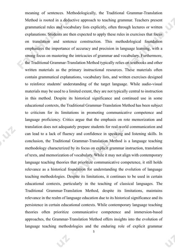 of the target language. while audio-visual materials may be used to a limited extent, they are not typically central to instruction in this method. despite its historical significance and continued use in some educational contexts, the traditional grammar-translation method has been subject to criticism for its limitations in promoting communicative competence and language proficiency. critics argue that the emphasis on rote memorization and translation does not adequately prepare students for real-world communication and can lead to a lack of fluency and confidence in speaking and listening skills. in conclusion, the traditional grammar-translation method is a language teaching methodology characterized by its focus on explicit grammar instruction, translation of texts, and memorization of vocabulary. while it may not align with contemporary language teaching theories that prioritize communicative competence, it still holds relevance as a historical foundation for understanding the evolution of language teaching methodologies. despite its limitations, it continues to be …