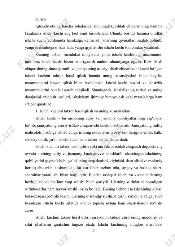yorlanishi lozim bo‘ladi. buning uchun esa ishchining oilasi, bola-chaqasi bo‘lishi lozim, ularning o‘sib-ulg‘ayishi, o‘qishi, zamon talabiga javob beradigan ishchi kuchi sifatida kamol topishi uchun ham shart-sharoit bo‘lishi zarur. ishchi kuchini takror hosil qilish jarayonini tadqiq etish uning miqdoriy va sifat jihatlarini ajratishni taqozo etadi. ishchi kuchining miqdori mamlakat aholisining mehnat faoliyatiga layoqatli bo‘lgan qismi orqali ifodalanib, u ishchi kuchi resurslari deb ham ataladi. insonning ishchi kuchi resurslari tarkibiga kiritilishining asosiy mezoni bo‘lib uning yoshi va mehnatga bo‘lgan qobiliyati hisoblanadi. odatda ishchi kuchi resurslari tarkibiga 16 yoshdan 60 yoshgacha bo‘lgan erkaklar, 16 yoshdan 55 yoshgacha bo‘lgan ayollar kiritiladi. lekin ijtimoiy ishlab chiqarish va boshqa cohalarda band bo‘lgan pensionerlar ham ishlashi mumkin. ishchi kuchi resurslarining faol va potensial qismi farqlanadi. ijtimoiy ishlab chiqarishda band bo‘lgan shaxslar ishchi kuchi resurslarining faol qismi hisoblansa, ishlab chiqarishdan ajralgan holda o‘qiyotganlar va vaqtinchalik uy xo‘jaligida band bo‘lganlar potensial qismi hisoblanadi. ishchi kuchini takror hosil qilish insonning …