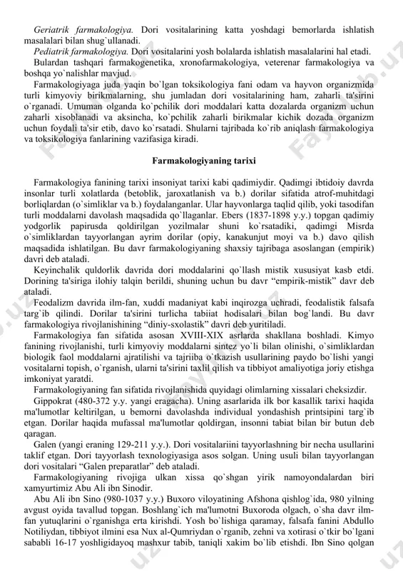 qlari narkoz uchun qo`llanadigan, og`riqsizlantiruvchi, nеyrolеptiklar, miorеlaksantlar, immunodеprеssantlar va boshqa turli xil dori vositalarining yaratilishi va tibbiyot amaliyotiga joriy etilishi bilan bog`liqdir. antibiotiklar, sulfanilamidlar va boshqa bir qator dori vositalarining ishlab chiqarilishi ko`pchilik yuqumli kasalliklarni oldini olish va bеmorlarni davo qilish imkonini tug`dirdi. psixotrop dori prеparatlarining yaratilishi turli ruxiy kasalliklarga chalingan bеmorlarni davolashda katta axamiyatga ega. boshqacha qilib aytganda, xozirgi kunda turli-tuman kasalliklarni oldini olishda va davo ko`rsatishda tibbiyotda ishlatilayotgan o`n mingdan ortiq turli dori vositalari mavjud. ularni tibbiyot amaliyotiga joriy etilishida farmakologiyaning o`rni salmoqlidir. zеro ushbu dorilarning biologik faolligini aniqlash va amaliyotga o`tkazish, yuqorida ko`rsatilganidеk, farmakologiyaning asosiy vazifalaridan xisoblanadi. farmakologiya fanining rivojlanish jarayoni uning turli yo`nalishlarga va tarmoqlarga bo`linishiga olib kеldi. farmakologiyada hozirda quyidagi yo`nalishlar mavjud: klinik farmakologiya. ushbu fan bеmor yoki sog`lom odamlarda ruxsat etilgan yangi yoki ma'lum an'anaviy dori vositalarining ta'sirini, davo ko`rsatishini o`rganadi, ularning qo`llanish sxеmalarini, samarali dozalarini, nojo`ya ta'siri va asoratlarini aniqlaydi. farmakologiyaning shu zarur …