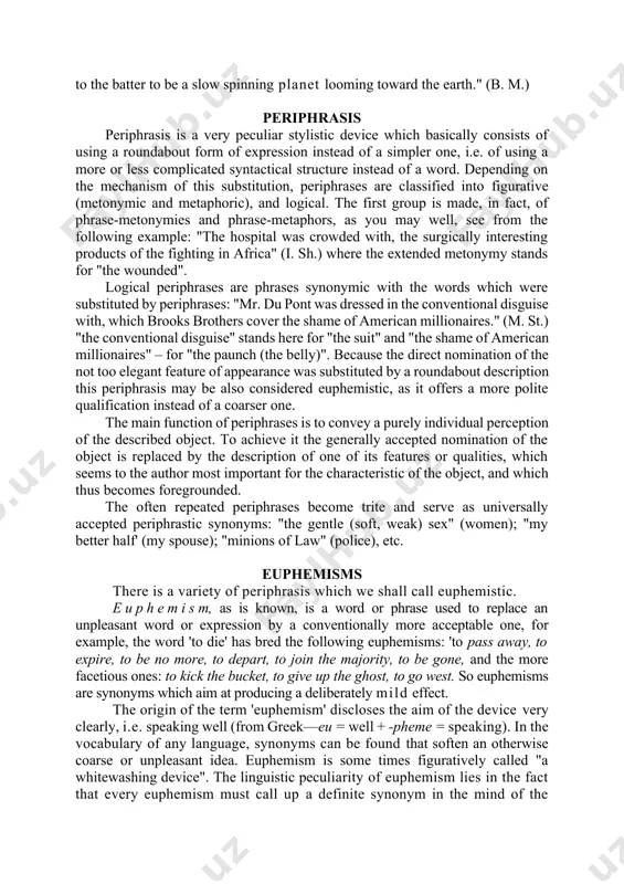 completely alien to each other. and without our being rare of it, the simile gives rise to a new understanding of the object characterising as well as of the object characterized. the properties of an object may be viewed from different angles, lor sample, its state, actions, manners, etc. accordingly, similes may be based on adjective-attributes, adverb-modifiers, verb-predicates, etc. similes have formal elements in their structure: connective words such as like, as, such as, as if, seem. here are some examples of similes taken from various sources and illustrating the variety of structural designs of this stylistic device. "his mind was restless, but it worked perversely and thoughts jerked through his brain like the misfirings of a defective carburettor" (maugham) "it was that moment of the year when the countryside seems to faint from its own loveliness, from the intoxication of its scents and sounds." (j. galsworthy) a simile, often …