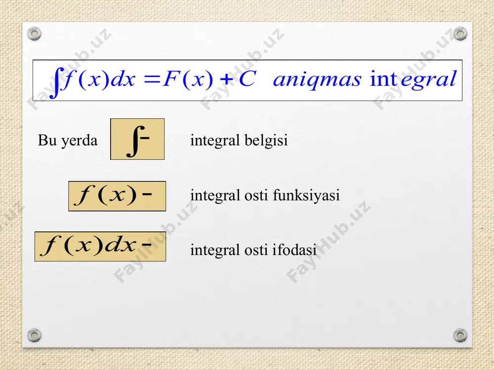 x arctgc axaa dxxa c xaaxa dx xxc x l l =+ + - =+ -+ =+++ + ò ò ò ; cos ln . 10 ; sin . 9 2 c x tgxdx c ctgx x dx + - = + - = ò ò ; arcsin . 12 ; sin ln . 11 2 2 c a x x a dx c x ctgxdx + = - + = ò ò ( ) ( ) dfxfxc =+ ò ( ) ( ) fxdxfxc ¢ =+ ò ( ) ( ) ( ) dfxdxfxdx = ò ()() afxdxafxdx = òò [ ] 12 12 ()()...() ()()...() n n fxfxfxdx fxdxfxdxfxdx +++= =+++ ò òòò 22 2222 sincos sincossincos dxxx dx xxxx + == òò 22 cossin dxdx tgxctgxc xx =+=-+ òò ()(())() fxdxfttdt ff ¢ = òò () fxdx ò ( ) xt f = ( ) ( ) …