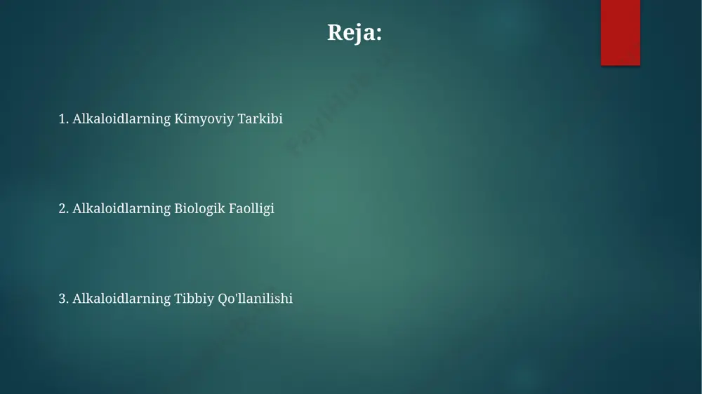 'linadi, bu esa ularning farmakologik ta'sirini belgilaydi. alkaloidlarning kimyoviy tuzilishi alkaloidlarning ko'pchiligi azot atomini o'z ichiga olgan heterosiklik birikmalar bo'lib, ularning tarkibida 1 dan 3 gacha azot atomi mavjud bo'lishi mumkin, masalan, tropan alkaloidlari tropik mintaqalarda o'sadigan o'simliklarda uchraydi. vinblastin va vinkristin kabi vinca alkaloidlari, madagaskar orolida o'sadigan catharanthus roseus o'simliklaridan ajratib olinadi va ularning molekulalari 2 ta indol halqasidan va 10 dan ortiq uglerod atomlaridan tashkil topgan murakkab tuzilishga ega. atropin kabi ba'zi alkaloidlar, 2 ta tropan halqasi va boshqa funktsional guruhlardan tashkil topgan murakkab tuzilishga ega bo'lib, ularning 17- va 20-uglerod atomlari orasidagi bog'lanish farmakologik xususiyatlarini aniqlaydi. alkaloidlarning qo'llanilishi nikotin, tamaki o'simliklarida uchraydigan kuchli alkaloid, 20-asrda fermer xo'jaliklarida hashoratlarga qarshi kurash vositasi sifatida aqshda keng qo'llanilgan. atropin, bir alkaloid, ko'zning qorachiğini kengaytiradi va 19-asrda oftalmologiyada keng qo'llanilgan, ayniqsa, germaniyada ko'z tekshiruvlari paytida. kinin, sinxona daraxtining po'stlog'idan olinadigan alkaloid, 300 yildan ortiq vaqt davomida, xususan, janubiy amerikada, bezgak kasalligini …