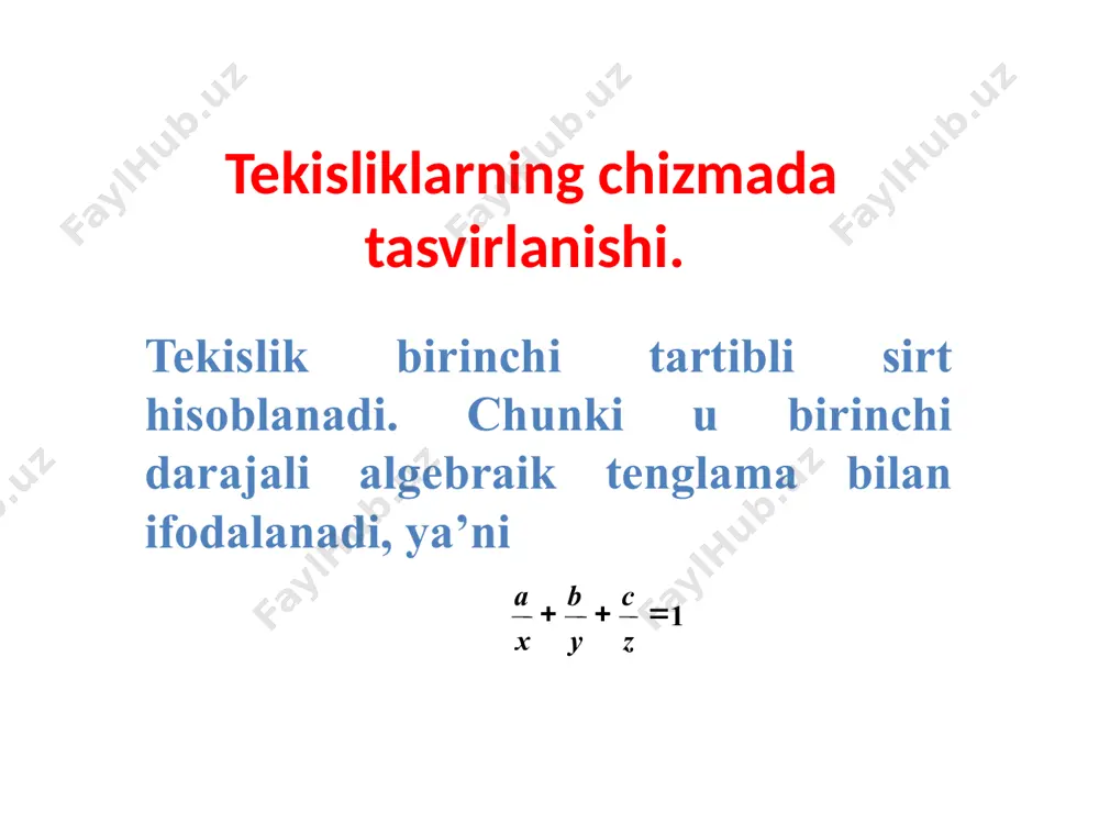islikning h tekislik bilan kesishgan ph=p∩h chizig‘i uning gorizontal izi, v tekislik bilan kesishgan pv=p∩v chizig‘i frontal izi va w tekislik bilan kesishgan pw=p∩w chizig‘i profil izi deb ataladi. tekislik shu tarzda berilsa, uni izlari bilan berilgan tekislik deb yuritiladi va p(ph, pv, pw) tarzida yoziladi. tekislikni chizmada izlari bilan tasvirlash ancha qulay va afzaldir. tekislikning ox, oy va oz koordinata o‘qlari bilan kesishgan nuqtalari px, py, pz bilan belgilanadi, ya’ni px=p∩ox, pu=p∩oy, pz=p∩oz. bu nuqtalar tekislikninng ikkita izining kesishishidan hosil bo‘ladi. tekislik qanday tarzda berilishidan qat’iy nazar, uning izlarini ortogonal proyeksiyalarda yasash mumkin. rasmda a∩b kesuvchi chiziqlar bilan berilgan tekislikning gorizontal izini yasash uchun to‘g‘ri chiziqlar gorizontal izlarining a′h, a″h, va b′h b″h proyeksiyalarini topamiz. agar to‘g‘ri chiziqlarning gorizontal izlarining gorizontal a′h va b′h proyeksiyalarini o‘zaro tutashtirsak, tekislikning ph gorizontal izini hosil qilamiz. xuddi shu tarzda tekislikning pv frontal izini yasash uchun kesishuvchi to‘g‘ri chiziqlar frontal izlarining a′v av″ …