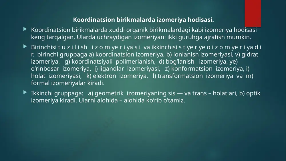 pt (nh3)4] · [pt (nh3) cl3]2, 4) [pt (nh3)3 cl]2 [ptcl4]. bog‘lanish izomeriyasi. ba’zi ligandlar, masalan, cn -, scn -, no2- va boshqa shunga о‘xshash ligandlar tarkibida ikkita donor atom bо‘ladi, shu sababli ular markaziy atom bilan turlicha koordinatsiya holatida bо‘lishi mumkin. bu esa izomerlarning xossalarida farq paydo bо‘lishiga olib keladi. bunday zarrachalar kо‘pincha ambidentat ligandlar deb ataladi. ksanto tuzlar mineral kislotalar ta’sirida parchalanmaydigan sariq tusli moddalardir. lekin, izoksanto tuzlarga mineral kislota qо‘shilsa, ular parchalanib nitrit kislota ajralib chiqadi. izoksanto tuzlar och – jigar rangliligi bilan ksanto tuzlardan farq qiladi. izoksanto tuzlariga mineral kislota qushilganda hno2 ning ajralib chiqishi kompleks birikmaning ichki sferasida o = n – o – gruppa borligini bildiradi. о‘rinbosarlar izomeriyasi (yig‘indi izomeriya). bunday birikmalarning koordinatsion qavatidagi ligandlardagi ba’zi atomlarning umumiy miqdori bir xil bо‘lsa ham, ular turli ligandlar tarkibida har xil miqdorda bо‘lishi mumkin. ligandlar izomeriyasi. koordinatsion qavatda markaziy atomga birikkan ligandning о‘zi turli izomerlar holatida …