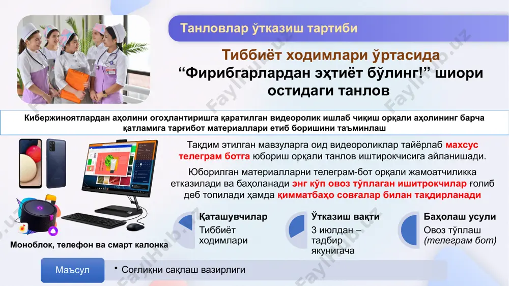 м телеграм-бот орқали жамоатчиликка етказилади ва баҳоланади энг кўп овоз тўплаган ишитрокчилар ғолиб деб топилади ҳамда қимматбаҳо совғалар билан тақдирланади танловлар ўтказиш тартиби ноутбук, телефон ва смарт соат бадиий ижодкорлар уюшмаси маъсул қаташувчилар эркин ижодкор фуқаролар баҳолаш усули кўришлар сони ва овоз тўплаш (телеграм бот) ўтказиш вақти 3 июлдан – тадбир якунигача фуқароларда кибергигиенани шакллантириш учун комедия жанрида “ҳажвий роликлар” танлови аҳолининг барча қатлами орасида кибержиноятлардан огоҳлантирувчи ҳажвий креатив усулларда қисқа 30 сониядан ошмаган видеороликларни суратга олиш фуқароларга тақдим этилган мавзу асосида аҳолининг барча қатлами орасида кибержиноятлардан огоҳлантирувчи ҳажвий кўпчиликка манзур келувчи креатив усулларда қисқа 30 сониядан ошмаган видеороликларни фуқаролар томонидан суратга олиниб махсус телеграм-бот орқали юборилади ва жамоатчиликка етказилади баҳоланади энг кўп овоз тўплаган ишитрокчилар ғолиб деб топилади танловлар ўтказиш тартиби ноутбук, телефон ва смарт калонка ахборот ва оммавий коммуникациялар бошқармаси маъсул қаташувчилар эркин ижодкор фуқаролар баҳолаш усули кўришлар сони ва овоз тўплаш (телеграм бот) ўтказиш вақти 3 июлдан …