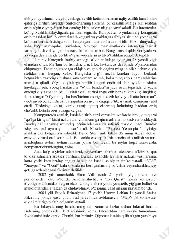 r mas’uliyat bilan sidqidildan amalga oshirishga majburdirlar. azaldan farzand tarbiyasida muhim o‘rin egallab kelgan, uning dunyoqarashi shakllanishiga xizmat qiladigan, faoliyat mezonini ezgulikka yo‘naltiradigan milliy o‘yinchoqlar o‘rnini qandaydir odam o‘ldirib huzurlanishga yo‘naltirilgan internet o‘yinlari egallab olishiga yo‘l qo‘ymaslik kerak. ma’lumki, o‘sib kelayotgan bola beg‘ubor bo‘lgani bois ro‘parasidagi odamdan yomonlikdan kutmaydi. xuddi shu tariqa bola uchun qiziqarli bo‘lgan o‘yinlarning salbiy oqibatlarga olib kelishi uning xayoliga ham kelmaydi. ularni hushyorlikka o‘rgatish, tushuntirish ishlarini olib borish, eng asosiysi, ko‘ziga chiroyli ko‘ringan narsalarga mahliyo bo‘lib ketadigan darajada nodonlik botqog‘iga botmasligining oldini olish ota-ona va pedagoglarning jamiyat oldidagi ajralmas burchidir. n. komilov ta’kidlaganidek: «odam qanchalik nodon bo‘lsa, u xurofotga, so‘zlar sehriga, shakllarga mahliyo bo‘ladi, rasm-rusumga, aqidalarga shuncha beriluvchan bo‘ladi. va, aksincha, odamning ma’rifati, bilimi oshgan sari, u ...mazhabparastlikdan, aqidaparastlikdan yuqori ko‘tarilaveradi...». barkamol avlod tarbiyasida oila ilk maktab vazifasini o‘taydi. bolani yoshligidan yolg‘on gapirmaslikka, to‘g‘ri fikrlashga, har bir narsadan to‘g‘ri foydalanishga o‘rgatish, vatanga muhabbat tuyg‘ularini shakllantirish dastlab …