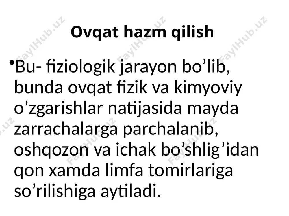 iq tishlar halqum va qizilo’ngach : halqumning - vazifasi ovqatni og’iz bo’shlig’idan qizilo’ngachga, xavoni burun bo’shlig’idan –hiqildoqqa o’tkazishdan iborat. qizilo’ngach -vazifasi ovqatni tomoqdan oshqozonga o’tkazishdan iborat. oshqozon (me’da) : sig’imi o’rtacha 2,5 litr shilliq qavati ostida 14 millionga yaqin bezchalar bor oshqozon 4 qismdan: kirish qismi, tub qismi, tana qismi va pilorik (chiqish) qismlardan iborat oshqozondan meda suyuqligi chiqadi meda suyuqligining tarkibi: fermentlar, pepsin-oqsilni amino kislotagacha, shilliq-, ichakni shilliq qavatini mexanik va ximik tasirdan saqliydi, xlorid kislota(hcl), ovqatni zararsizlantiradi o’n ikki barmoqli ichak: uzunligi voyaga etganlarda 25-30 sm ni tashkil etadi, ingichka ichak: o’n ikki barmoqli ichakning davomi bo’lib, uzunligi voyaga etgan bolalarda 5-6 metrga tengdir. ingichka ichakda oziqni hazim qilishi: bu ichak devorida vorsinkalar deb ataladigan mayda so’rg’ichlar bor, hazm bo’lgan ovqatni qonga so’rilishini ta’minlaydi. ichakning butun yuzasida 4 millionga yaqin vorsinkalar bo’ladi. ingichka ichakda ovqat 6-8 soat atrofida saqlanadi. yo’g’on ichak: uzunligi = 1,5 м bolalarda dastlab yo’g’on …