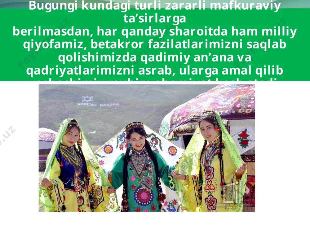 0 yil davom etgan istibdod davrida yurtimizning moddiy boyliklarigina emas, balki xalqimiz asrlar davomida yig‘ib-to‘plagan, ijod qilgan, aql-zakovat kuchi bilan yaratgan ne-ne madaniy-ma’naviy boyliklari talon-toroj qilind el-yurtimiz vakillarini davlat boshqaruvi, siyosat va madaniy ishlardan uzoq tutish, millatimizning o‘z taqdirini o‘zi belgilash huquqini mensimaslik odatiy holga aylandi. ming yillar sinovidan o‘tgan go‘zal urf-odatlarimiz, milliy-madaniy qadriyatlarimizga amal qilishga yo‘l berilmas, ularni xalqning yodidan chiqarib tashlash siyosati olib borilardi. savol va topshiriqlar 1. milliy an’ana va qadriyatlar qay tarzda yuzaga keladi? 2. o‘zbek xalqining milliy an’ana va qadriyatlari qanday fazilatlarni o‘z ichiga oladi? 3. xalq maqollarida, afsona va rivoyatlarida xalqimizga xos bo‘lgan qanday qadriyatlar ulug‘lanadi? 4. xalqni ma’naviy merosdan, an’ana va qadriyatlardan ayirish qanday oqibatlarga olib kelishi mumkin, deb o‘ylaysiz? 5. mustaqillik yillarida o‘zingiz yashaydigan hududda milliy an’ana va qadriyatlarimizni tiklash borasida qanday ishlar amalga oshirildi? 6. xalqimiz tomonidan yaratilgan ma’naviy merosga, milliy an’ana va qadriyatlarimizga sho‘ro davrida qanday munosabatda bo‘lingani to‘g‘risida bobo …