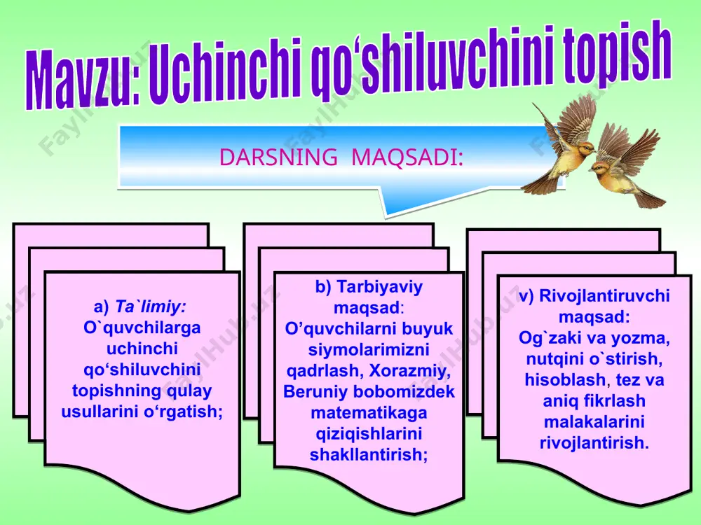 ess fully your own ideas the rule of “right hand”. the golden rules of the lesson: darsda faol bo’lish intizomli bo’lish fikrni to’la bayon qilish “o’ng qo’l” qoidasi yangiliklar sari intilish. vaqtdan ununli foydalanish “biz bo’lamiz birinchi, qani, yetib ko’ringchi. dars qilganmiz hamma vaqt, bizga bo’lar baland taxt”. “biz ham ortda qolmaymiz, so’nngi o’rin bo’lmaymiz. chiqing, maydon kutmasin, qimmatli vaqt o’tmasin”. “bizni chetga surmangiz, bellashishdan qo’rqmangiz. kamtar kamol derlar, haddingizdan oshmangiz” - “ matematika faniga hissa qo’shgan olimlardan kimlarni bilasiz? 1 + lik = ? 40 + oyoq = ? k + 3 = ? 8 + oyoq = ? t + 10 = ? 0 + a = ? na + 1 + a = ? javobi: birlik, kuch, to`n, qirqoyoq, sakkizoyoq, nola, nabira. rasm asosida masala tuzing va uni yeching. 2-masala uchta likopchada 48 dona qulupnay bor edi. birinchi likopchada 20 ta, ikkinchi likopchada 8 ta qulupnay bo’lsa, …