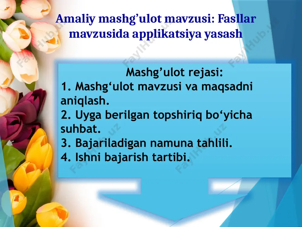 atma. qaychini faqat yopilgan holda uchidan ushlab o’rtog’inga uzat. qaychini ishlatayotganda kesilishning yo’nalishi va materialni ushlab turgan chap qo’l barmoqlarini kuzatib tur. yaroqsiz qaychini ishlatma, o’qituvchiga topshir. turli asbob va uskunalardan foydalanishda xavfsizlik texnikasi qoidalari: qaychidan foydalanish qoidalari. pichoq bilan ishlash qoidalari. uchi yumaloq pichoqdan foydalan. pichoqni o’qituvchi ko’rsatganidek ishlat, kesganda qattiq bosma. applikatsiyani yasash bo’yicha ish joyini to’g’ri tashkil etish nimalardan iborat? fasllarda qanday o’zgarishlar bo’ladi? geometrik shaklli applikatsiya nima? аpplikatsiya turlari? applikatsiyaning asosiy materiallari nima? aqliy hujum applikatsiya so’zi lotincha application-ulamoq, qirqim yopishtirmoq degan ma’noni anglatadi. applikatsiya tasvirlash texnikasining turli formalarini qirqish va ularni fon tarzida qabul qilingan materiallar hisobiga mustahkamlashga asoslanuvchi turidir. applikatsiya tushunchasi xususiyatlari va materiallariga ko’ra xilma-xil bajarilishi texnikasining o’xshashligi bilan birlashgan badiiy asarlarni yaratish usullarini o’z ichiga oladi. xar bir material applikatsiyasi bajarilish texnikasiga jiddiy ta’sir ko’rsatuvchi xususiyatlarga ega, masalan, qog’oz, limon, daraxlar pustlog’lari fonga turli yelimlar bilan yopishtiriladi. applikatsiya – badiiy asar yaratishning …