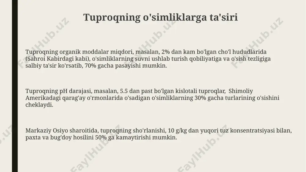 o'simliklarning suvni saqlashga mo'ljallangan maxsus anatomik tuzilmalari, masalan, qalin kutikula va kichik barglari mavjud. baland tog'li hududlar, masalan, himoloy tog'larida, 5000 metrdan yuqori balandliklarda o'sadigan o'simliklar, past haroratlarga va kuchli shamolga chidamli, qisqa vegetatsiya davriga moslashgan. amazon o'rmonlarida, yillik yog'ingarchilik miqdori 2000 mm dan oshadigan hududlarda, epifit o'simliklar, daraxtlarning ustki qismida yashab, namlik va yorug'lik uchun raqobatda ustunlikka ega. o'simliklarning geografik evolyutsiyasi taxminan 65 million yil avval yuz bergan asteroid ta'siri, shimoliy amerikada 75% o'simlik turlarini yo'q qilib, yangi o'simlik jamiyatlarining paydo bo'lishiga va evolyutsion jarayonlarning tezlashuviga sabab bo'lgan. o'simliklarning 300 million yil avval gondvana superqit'asi hududida tarqalishi, keyinchalik qit'alar yemirilishining natijasida turli xil iqlim sharoitlariga moslashuvini va hozirgi kunda 250 mingdan ortiq turga ega bo'lishini aks ettiradi. himalay tog'lari hosil bo'lish jarayoni (taxminan 50 million yil), alp tog'laridagi o'simliklarning balandlik zonalari bo'yicha taqsimlanishiga va turli xil o'simlik ekotiplarining paydo bo'lishiga katta ta'sir ko'rsatgan. o'simliklarning geografik xaritalashuvi o'simliklarning 3000 dan …