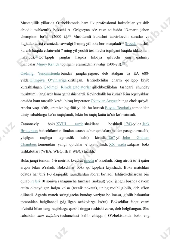 i qulab, referi 10 soniya sanaguncha turmasa (nokaut) yoki jangni boshqa davom ettira olmaydigan holga kelsa (texnik nokaut), uning raqibi gʻolib, deb eʼlon qilinadi. agarda match soʻngigacha bunday vaziyat boʻlmasa, gʻolib hakamlar tomonidan belgilanadi (yigʻilgan ochkolarga koʻra). bokschilar faqat vazni oʻziniki bilan teng raqiblarga qarshi ringga tushishi zarur, deb belgilangan. shu sababdan vazn toifalari tushunchasi kelib chiqqan. oʻzbekistonda boks eng mashhur sport turlaridan biri hisoblanadi. soʻnggi yillarda oʻzbekistonlik bokschilar xalqaro arenalarda ulkan muvaffaqiyatlarga erishib, mamlakatimizni dunyoga tanitishdi. bu yutuqlar osonlikcha kelmadi — ular koʻp yillik mehnat, kuchli mashgʻulotlar va sportchilarning fidoyiligi natijasidir. ushbu maqolada oʻzbekistonda boksning rivojlanish tarixi, mashhur bokschilar va yirik musobaqalardagi yutuqlar haqida soʻz yuritamiz. oʻzbekistonda boksning shakllanishi oʻzbekistonda boks xx asr oʻrtalarida paydo boʻlib, tez orada yoshlar orasida keng tarqalgan. ilk boks toʻgaraklari ochilib, sportchilarni tayyorlash uchun zarur shart-sharoitlar yaratildi. 1991-yilda oʻzbekiston mustaqillikka erishgach, boks yanada ommalasha boshladi. davlat sportni rivojlantirishga alohida eʼtibor qaratdi va boksni ustuvor …