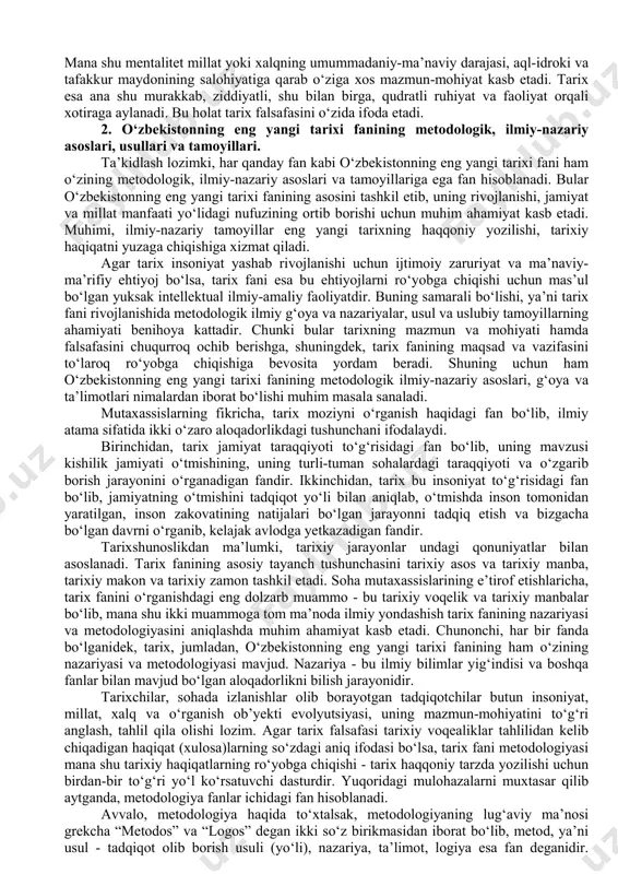 yaqin o‘tmish tarixini xolisona va ilmiy jihatdan o‘rganish tarixchilar oldida turgan muhim vazifalardan biridir. tarixiy haqiqatning to‘la ro‘yobga chiqishi, haqqoniy tarix yozilishida tarix fanining predmeti va ob’yektining to‘g‘ri belgilanishi muhim ahamiyatga egadir. chunki o‘zbekistonning eng yangi tarixi fani uchun ham boshqa barcha fanlar qatori predmet va ob’yekt masalasi asosiy masala bo‘lib hisoblanadi. zero, fanning o‘rganish predmeti va ob’yekti aniq bo‘lmasa, uning oldidagi vazifa noaniq bo‘lib, maqsadga erishish mushkul bo‘ladi. bunday holat o‘quv jarayoni samaradorligiga ham salbiy ta’sir ko‘rsatadi. o‘zbekistonning eng yangi tarixi fani boshqa ijtimoiy va tabiat fanlaridan farqli o‘laroq mustaqil fan hisoblanadi. shuningdek, u barcha fanlar orasida alohida o‘z o‘rni va mavqeyiga ega. u barcha fanlar tarixini ham o‘z ichiga olgan holda ularning rivojiga katta ta’sir etadi. bu uning o‘rganish predmeti va ob’yekti hamda vazifasida to‘la namoyon bo‘lmog‘i kerak. tarix fani o‘z xususiyatiga ko‘ra, birinchidan, o‘zining butun diqqat e’tiborini faqat yaqin o‘tmishga qaratadi, undan saboq beradi, xulosa chiqaradi, o‘tgan …