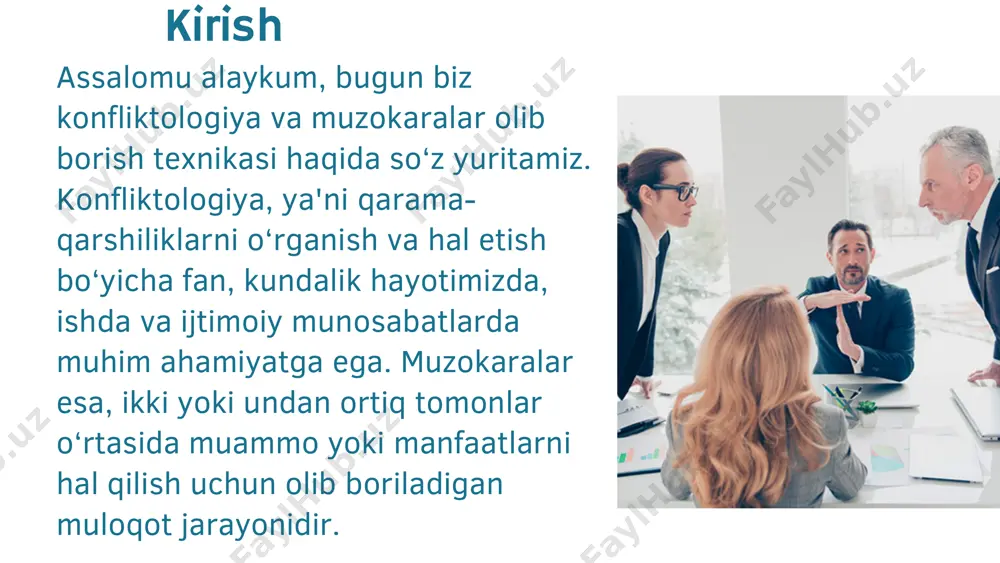 irlarini diqqat bilan tinglashlari zarur. bu nafaqat o‘z fikrini bildirish, balki qarshi tomonning nuqtai nazarini tushunish va hurmat qilishni anglatadi. tinglash, kelishmovchiliklarni hal qilishda samarali yechimlar topishga yordam beradi. emotsional nazorat muzokoralar jarayonida hissiyotlar boshqarilishi kerak. har ikki tomon ham salbiy hissiyotlaridan voz kechishi, salbiy fikrlarni ifodalash o‘rniga, konstruktiv yondoshuvni tanlashi zarur. buning uchun «i-mesaj» texnikasi qo‘llanilishi mumkin, ya'ni o‘z hissiyotlaringizni shaxsiy ravishda ifodalash, ayblashdan qochish. qaror qabul qilishda hamkorlik muzokora jarayonida har ikki tomon ham qo‘shma qarorlar qabul qilishga intilishlari kerak. bu yerda har bir ishtirokchi o‘z nuqtai nazarini taqdim etadi, lekin oxir-oqibat umumiy qoniqarli yechimga erishish maqsad qilinadi. sof va aniq muloqot aniq va tushunarli muloqot qilish juda muhimdir. har ikki tomon ham o‘z fikrlarini aniq, izchil va to‘g‘ri ifodalashlari kerak. muloqotdagi xatoliklar va chalkashliklar, kelishmovchilikni yanada kuchaytirishi mumkin. alternativ yechimlarni ko‘rib chiqish konfliktni hal qilish uchun har ikki tomon bir nechta yechimlarni ko‘rib chiqishlari kerak. buning uchun …