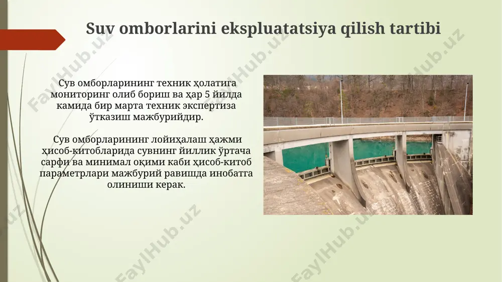 uchun, kamida 10 yillik prognozlar va suv sathi o'zgarishlarini bashorat qiluvchi modellardan foydalanishi shart. suv ombori havzasidagi suv resurslaridan foydalanish litsenziyalanishi kerak bo'lib, bu jarayon davomida suvning sifat ko'rsatkichlari, 20 dan ortiq parametrlar bo'yicha tahlil qilinadi. e'tiboringiz uchun rahmat @taqdimot_robot image1.jpg image2.jpg image3.jpg image4.jpg image5.jpg image6.jpg image7.jpg image8.jpg image9.jpg
