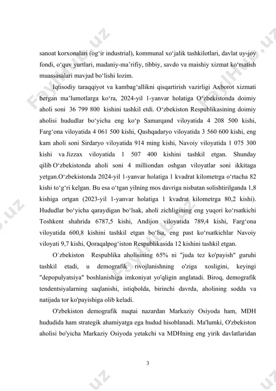 rossiya va ukrainadan keyin uchinchi o'rinni egallab turibdi. 2024 yil boshida mamlakat aholisi 36 million kishidan oshgani e`lon qilindi. mamlakatimizning demografik salohiyati uni iqtisodiy rivojlanishning yangi bosqichiga olib chiqish uchun imkoniyat bo'lishi mumkin. shu nuqtai nazardan, o'zbekiston ulkan salohiyat va imkoniyatlarga egasr "kuchli ijtimoiy himoya" ning asosiy tamoyillaridan biri shundaki, bozor munosabatlariga o'tishning" o'zbek modeli " mamlakatimizning demografik va milliy xususiyatlariga asoslanadi. mustaqillik yillarida (1991-2019) o'zbekiston aholisi 12,5 millionga o'sdi va 2019 yil 1 yanvar holatiga 33,3 millionga yetdi. so'nggi yillarda aholining o'rtacha yillik o'sish sur'ati o'rtacha 1,6-1,7% ni tashkil etdi. mustaqillik yillarida hududlarning demografik rivojlanishini hisobga olgan holda o'zbekistonda demogeografik rayonlashtirish masalasi o'rganildi. mamlakat aholisi uchun so'nggi yillarda birinchi, ikkinchi va uchinchi bola ehtiyoj va istaklarning natijasidir, keyingi quyidagi bolalar miqdorining keskin pasayishi, aksariyat hollarda urf-odatlar va an'analar asta-sekin yangi iqtisodiy munosabatlarga moslashmoqda deb o'ylash mumkin. shu maqsadda biz mamlakatni uchta mintaqaga ajratdik - tog'li, cho'l va aralash. ushbu …
