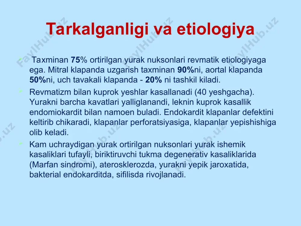 issurotomiya qilib bartaraf qilgan. aortal klapan yetishmovchilik yakka xolda 3,7 % kasallarda uchraydi. erkaklarda ayollarga nisbatan 10 barobar kup uchraydi. yurak nuqsonlari tufayli ulganlar ichida aortal klapan yetishmovchiligi tufayli ulganlar 14 % ni tashkil qiladi. aortal klapan yetishmovchiligida 5-50 % qon diastola paytida qaytib chap qorinchaga chiqadi bu esa uz navbatida qorinchani kompensator kengayishiga olib keladi va keinchalik u dekompensatsiyaga utadi. аоrtal stenoz aortal stenoz yurak nuqsonlari tufayli ulganlarni ichida 20-23 % uchraydi. kupincha yesh va urta yoshli insonlarda va kuproq ayollarga nisbatan erkaklarda uchraydi (2,4:1). aortal klapan torayishi chap qorinchadan qon chiqishini qiyinlashtiradi shu tufayli kompensator ravishda chap qorincha sitolasi uzayadi va undagi bosm oshadi. «aorta-chap qorincha» bosmi gradienti 50-150 mm sm. ust., gacha bulishi mumkin. аортал стеноз yurak ishemik kasaligi. 45-64 yeshda yuik urtacha barcha ulimlarni 53 % ni taklil qiladi. aqsh da taxminan bir yilda 600 000 inson yuik da uladi. rivojlangan mamlakatlarda taxminan 20 % 60 …