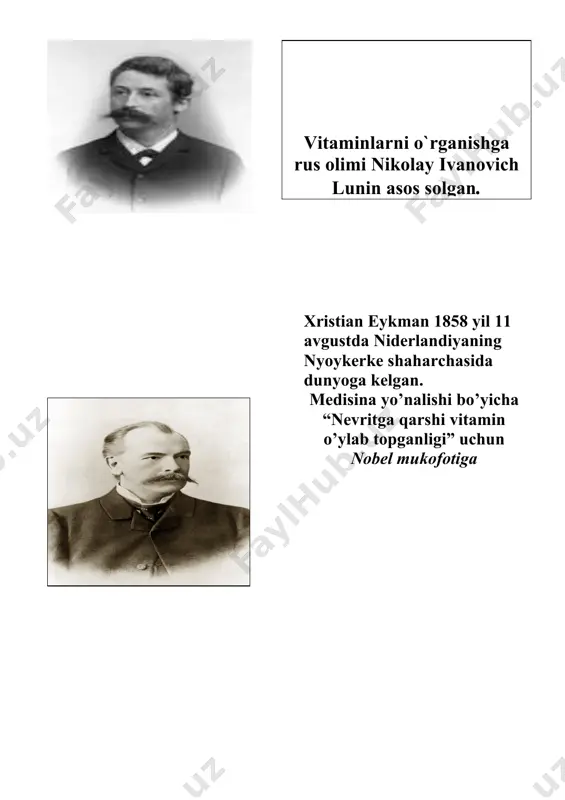 uhim ahamiyatga ega. organizmda a vitamin yetishmaganda 2- o’quvchi b1 vitamini (tiamin) 1. markaziy nerv sistemasida qo‘zg‘alish va tormozlanish jarayonlari normal o‘tishida 2. odamning aqliy faoliyati yaxshi bo‘lishida muhim o‘rin tutadi. 3. b vitamini yetishmasligi belgilari oyoq-qo‘l muskullarining uvushib og‘rishi, holsizlik, tez charchash, odamning aqliy faoliyati pasayishi, ya’ni o‘zlashtirish, esda saqlash, e’tiborni muhim masalaga jalb etish kabi qobiliyatlarning pasayishidir. u arzimagan narsaga jahli chiqadigan bo‘lib qoladi. 3 – o’quvchi: d vitamini organizmda kalsiy va fosfor almashinuvi normal o‘tishida ishtirok etadi. u ayniqsa, ikki-uch yoshgacha bo‘lgan bolalar suyagining to‘g‘ri shakllanishi, o‘sishi va rivojlanishida katta ahamiyatga ega. bu vitamin yetishmasligi natijasida yosh bolalarda raxit kasalligi yuzaga keladi 4 - o’quvchi: а retinol в в1, в2 с askorbin k-ta d xolekalsiferol baliq yog،i sariyog، tuxum sarig،i jigar sabzi o ،rik qizil qalampir pomidor no،xat bug،doy non loviya no ،xat tuxum sarig،i yong،oq mol jigar olma karam sabzi sut, sut mahsulotlari na ،matak ko …