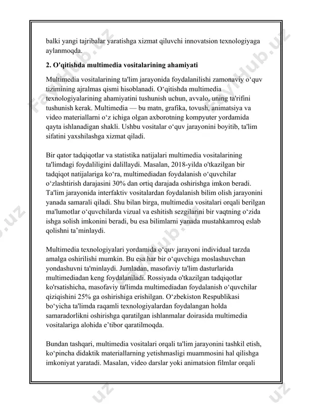 a, ushbu texnologiyalardan o‘qituvchilarning malakali foydalanishi ta'lim sifatini oshirishda muhim o‘rin tutadi. 3. elektron darsliklar va ularning foydalari elektron darsliklar so‘nggi yillarda ta’lim tizimida sezilarli o‘rin egallab kelmoqda. ular zamonaviy texnologiyalarning rivoji bilan ta’lim olishda yangi imkoniyatlarni taqdim etadi. elektron darsliklar odatiy qog‘oz darsliklarni almashtirish emas, balki ularga qo‘shimcha sifatida ishlatiladi va bir qancha afzalliklarga ega. quyida elektron darsliklarning foydalari va ularning ta’lim tizimidagi ahamiyati haqida ma’lumotlar keltiriladi. 1. **qulaylik va qulaylik darajasi**: elektron darsliklar istalgan joyda va vaqtda foydalanish imkoniyatini taqdim etadi. o‘quvchilar va o‘qituvchilar internetga ulangan barcha qurilmalar orqali darsliklarga kirish imkoniga ega bo‘ladilar. shuningdek, ular kompyuterlar, planshetlar va smartfonlar orqali o‘qilishi mumkin, bu o‘z navbatida tashish yoki qog‘oz yukini kamaytiradi. 2. **yangilanish va interaktivlik**: elektron darsliklar doimiy yangilanish imkonini beradi, bu ular bilan hamisha eng dolzarb ma’lumotlarni taqdim qilish imkonini yaratadi. interaktiv vazifalar, video materiallar, audiokitoblar va animatsiyalar orqali talabalar chuqur va qiziqarli ravishda bilim olishlari mumkin. …