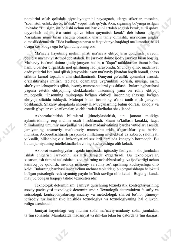xususiyatiga ko'ra, u shaxsiy va davlat ahamiyatiga ega bo'lib, xatdagi ma'lumotlar shaxsiy hisoblanadi. xatlar, shuningdek, sub'ektlar o'rtasidagi muzokaralar, kelishuvlar yoki shartnomalar haqida hukumatning rasmiy xabari bo'lishi mumkin. xat har qanday bitim yoki shartnomaga ilova qilinadi, uning vazifasi tuziladigan bitim yoki shartnoma haqida ma'lumot va tafsilotlarni taqdim etishdir. hatto bugungi kunda ham xat rasmiy doiralarda yoziladi, shakli o'zgarishi mumkin, ammo funktsiyasi bir xil bo'lib qoladi. xalqaro huquqda ikki yoki undan ortiq davlat oʻrtasidagi diplomatik muzokaralar natijasida qabul qilingan kelishuvlar, shartnomalar yoki boshqa qarorlar haqidagi xabarlar ikki yoki undan ortiq davlat tomonidan rasman eʼlon qilinadi. endi yangi axborot texnologiyalari inson va jamiyatga qanday ta'sir ko'rsatishini tushunish muhimdir. axborotlashtirish jarayonining natijalari inson uchun nafaqat ijobiy, balki salbiy oqibatlarga olib kelishi mumkin. ijobiy va salbiy ta'sirlar bir-biri bilan chambarchas bog'liq bo'lib, ikkinchisi ko'pincha birinchisining natijasidir. quyida jamiyat hayotining asosiy jabhalarida: iqtisodiy, ma’naviy-madaniy, siyosiy, harbiy va ijtimoiy sohalarda namoyon bo‘lgan axborotlashtirishning salbiy tomonlari va ular …