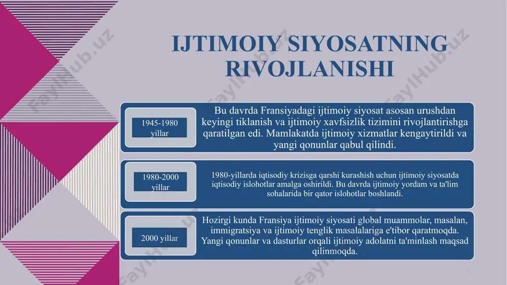 sh, yoshlar uchun sport va madaniyat sohalarida ko'plab davlat dasturlari amalga oshiriladi. yoshlarni ijtimoiy hayotga jalb qilish va ularni kelajakda muvaffaqiyatli bo'lishi uchun ko'maklashish muhim ahamiyatga ega. fransiya ijtimoiy xavfsizlik tizimi hamda pensiya tizimi fuqarolarning sog'liqni saqlash, ishsizlik nafaqasi va pensiyalarini ta'minlashga qaratilgan. fransiyada pensiya tizimi majburiy va davlat tomonidan nazorat qilinadi. hozirgi kunda pensiya yoshini oshirish va tizimni yanada mustahkamlash borasida keng jamoat muhokamalari olib borilmoqda. uy-joy siyosati ham muhim ahamiyatga ega, chunki fransiyada uy-joyni olish uchun davlatning qo'llab-quvvatlashi va subsidiyalari mavjud. aholining kam ta'minlangan qismlariga va imtiyozli guruhlarga uy-joylar ajratiladi. bu ijtimoiy tenglikni ta'minlashda muhim rol o'ynaydi. fransiya sog'liqni saqlash tizimi dunyodagi eng yaxshilaridan biri sifatida tanilgan. fuqarolar va doimiy yashovchi aholi sog'liqni saqlash xizmatlaridan arzon narxlarda foydalanishlari mumkin, ularning yarmidan ko'pi davlat tomonidan moliyalashtiriladi. shuningdek, sog'liqni saqlash tizimi ham muhojirlarni va ijtimoiy himoyaga muhtoj guruhlarni qamrab oladi. 10 xulosa 11 fransiyaning ijtimoiy siyosati tarixi va rivojlanishi, ijtimoiy …