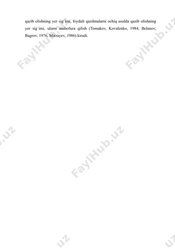 olishtirma yer sig`imi, yerlardan foydalanish koeffitsiyenti, foydali qazilmani qazib olishning yer sig`imi, foydali qazilmalarni ochiq usulda qazib olishning yer sig`imi, ularni muhofaza qilish (tomakov, kovalenko, 1984; belanov, bagrov, 1976, mirzayev, 1986) kiradi. adabiyotlar vaxobov x. otsenka i prognoz formirovaniya gornopromishlennix landshaftov i fiziko-geograficheskiye osnovi ix rekultivatsii. avtoreferat dissertatsii na soisk. dokt. geografich. nauk. -t., 2001, 30 s. vaxobov x. geograficheskiye osnovi rekultivatsii narushennix zemel.ғғgeografiya, ekologiya va tabiatdan foydalanish muammolari. -t., 1999, s.56-58. 5. vaxobov x. abdullayev i.x. shojalilov sh. osnovniye kriterii fiziko-geograficheskix usloviy rekultivatsii narushennix landshaftov uzbekistana.ғғmat-li mejdunarod. konfr. «geograficheskiye problemi geoekologii» -minsk, 2001. s. 96-97. 6. vaxobov x. adilova m. saidkarimova z. injenerno-geologicheskiye osnovi klassifikatsii narushennix zemel.ғғmat-li godichnoy sessii nauchnogo soveta ran po problemam geoekologii. «sergeyevskiye chteniya». m., geos, 2004. s. 337-339. 7. zaytsev g. a. rekultivatsiya-faktor texnogennogo preobrazovaniya landshaftov.ғғvoprosi geografiya». sb. 106. -m., 1977. s. 104-111.
