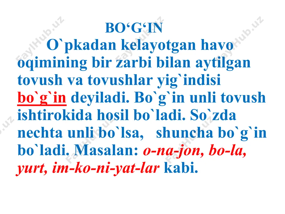 iyat berilib, ta’kidlab ko`rsatilgan bo`lakning kuchli ohang bilan aytilishi gap urg`usi (yoki mantiqiy urg`u) deyiladi. gap urg`usini ixtiyoriy ravishda ko`chirish mumkin: 1. biz kecha muzeyga bordik. 2. biz muzeyga kecha bordik. 3. kecha muzeyga biz bordik. ko`rinadiki, gap urg`usi olgan so`z gap mazmunining markazini tashkil etadi: asosiy fikr shu bo`lakka qaratilgan bo`ladi. gap urg‘usini olgan so‘z kesim yonida joylashadi: bugun kollejga bordim. kollejga bugun bordim quyidagi so`zlarni bo`g`inga bo`lib, urg`u qo`yib ko`chiring: abadiy, agronom, bakalavr, bama’ni, diydor, e’tiqod, jigarband, fanatik, aslo, ishonchnoma, jarangdor, mutaassib, nomenklatura, orkestr, optimist, povidlo, poyabzal, qorako`l, tovuq, ruxsatnoma, berma, keldi-ku, qizginam, menmi, bmt, uglevodorod, teatr, opera, tonna, nota, yupiter, zero, afsuski, barcha, hamma. e’tiboringiz uchun rahmat!!! /docprops/thumbnail.jpeg