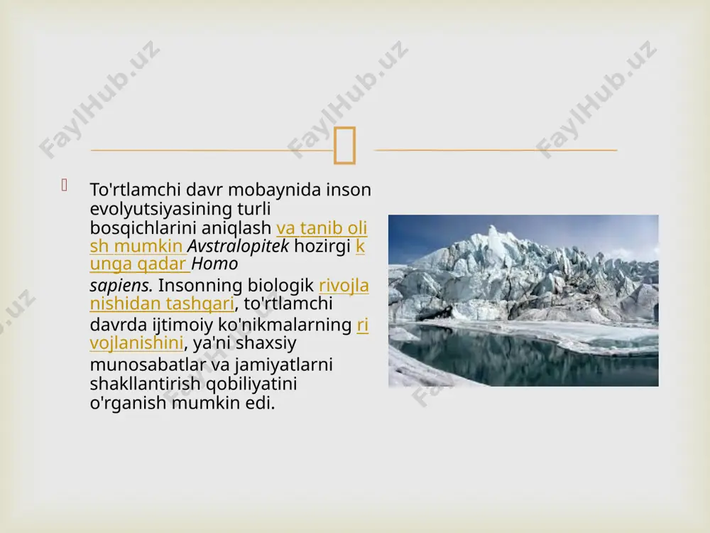 atta, kontinental drift jarayoni saqlanib qoldi, ammo, masalan, panjeani ajratish davridan ancha sekinroq.  tez-tez o'zgarib turadigan narsa dengiz sathi edi, chunki u muzliklar va erigan muzlarning mavjudligi bilan chambarchas bog'liq. shu ma'noda, to'rtlamchi davrda juda ko'p faollik bo'lgan, chunki u muzliklarning mavjudligi bilan tavsiflangan, natijada qit'alarda muzliklar va muz qatlamlari paydo bo'lgan. pleystotsen deb atalgan to'rtlamchi davrning birinchi davrida butun sayyoramizga ta'sir qilgan to'rtta muzlik bo'lgan. har bir muzlik paytida juda ko'p miqdordagi muzliklar vujudga keldi, bu esa okeanlar sathini ancha pasaytirdi. har bir muzlik orasida muzliklarning bir qismi erib, dengiz sathining biroz ko'tarilishiga sabab bo'lgan interglacierlar deb nomlangan davrlar bo'lgan.  xulosa sayyoramizning kontinental massalarining tarqalishi ular egallab turgan holatiga o'xshash holatda bo'lganligini hisobga olib, davr boshida mavjud bo'lgan okeanlar ham, dengizlar ham shu kungacha bo'lganligini tasdiqlash to'g'ri. bugun. tinch okeani u paydo bo'lganidan beri sayyoradagi eng katta dengiz hisoblanadi. undan ancha qadimgi davrlarda mavjud bo'lgan buyuk pantalasa …